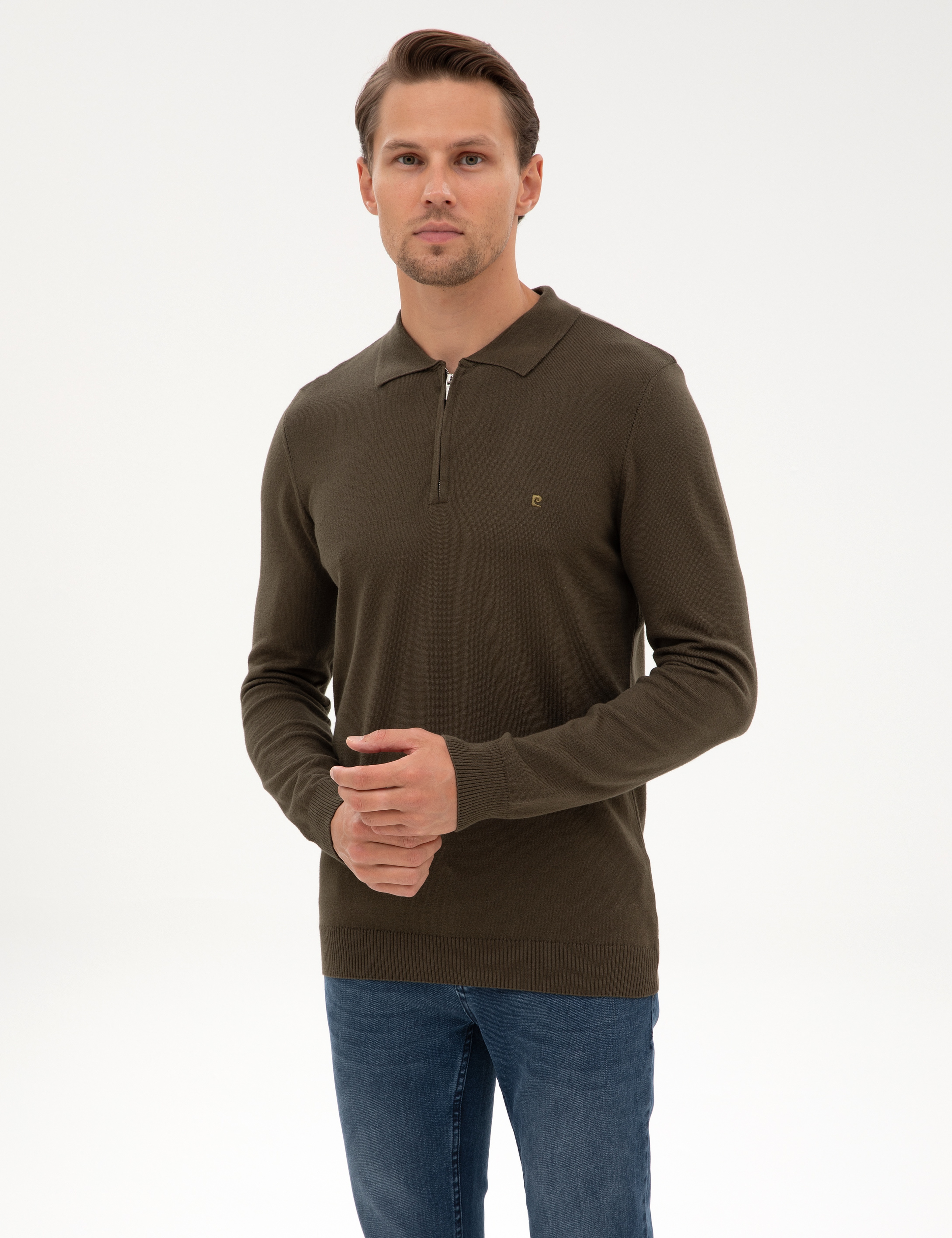 Haki Slim Fit Polo Yaka Fermuarlı Basic Triko Kazak - Image 1