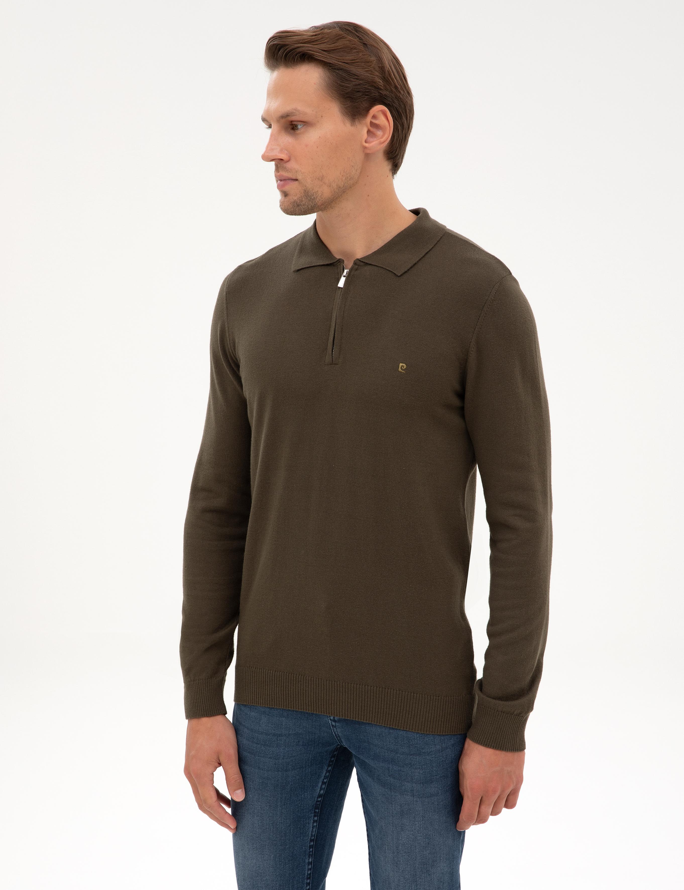 Haki Slim Fit Polo Yaka Fermuarlı Basic Triko Kazak