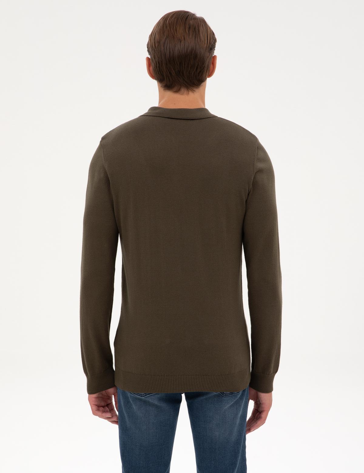 Haki Slim Fit Polo Yaka Fermuarlı Basic Triko Kazak - 50314191063