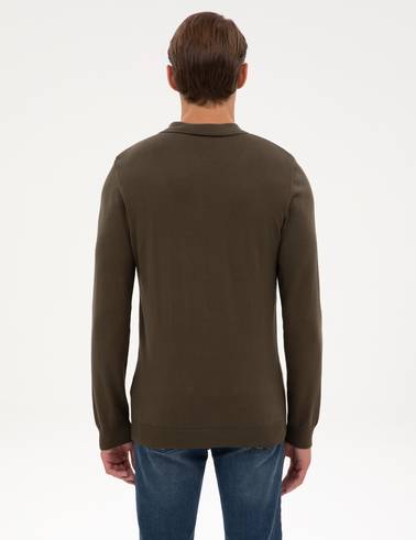 Haki Slim Fit Polo Yaka Fermuarlı Basic Triko Kazak