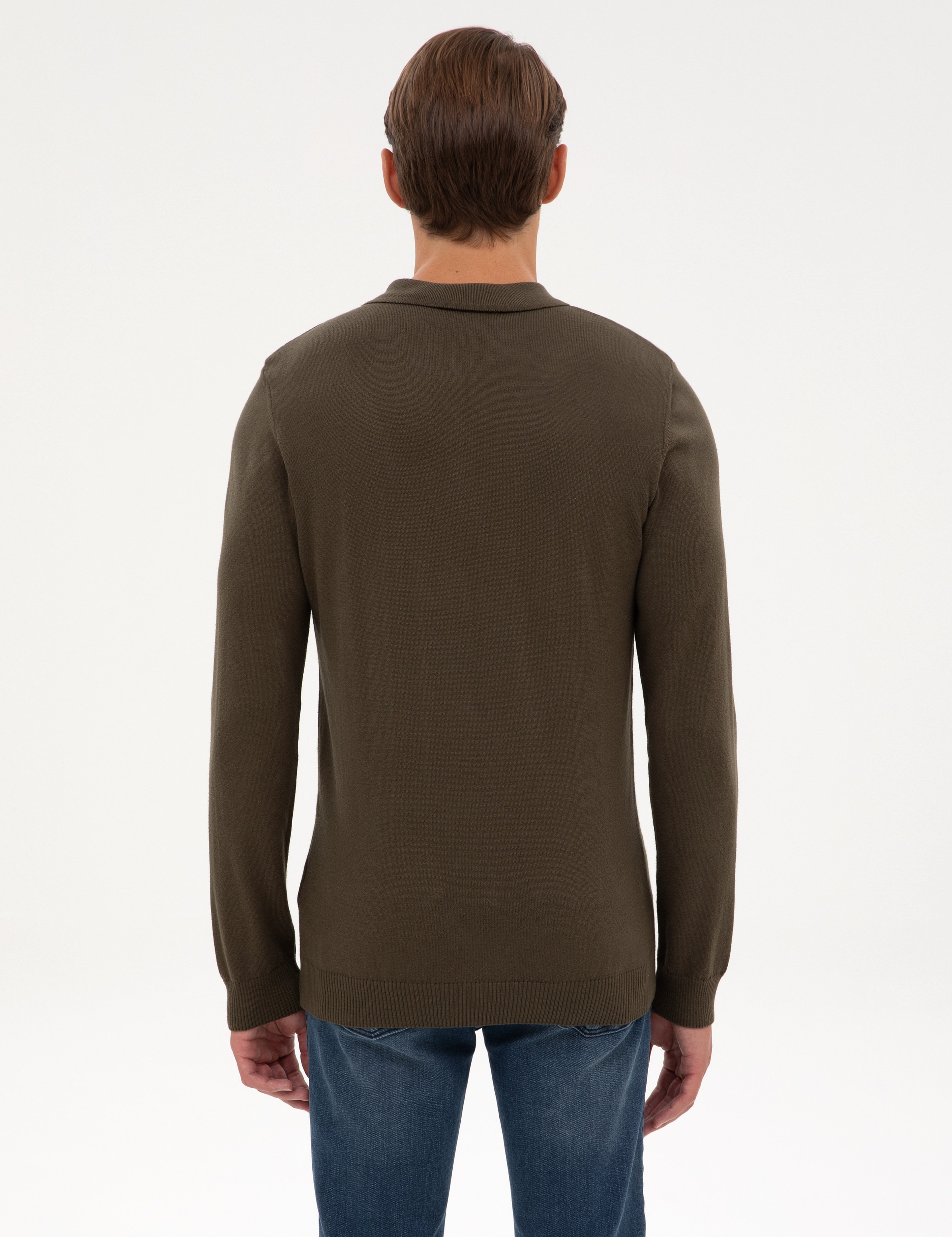 Haki Slim Fit Polo Yaka Fermuarlı Basic Triko Kazak - Image 5