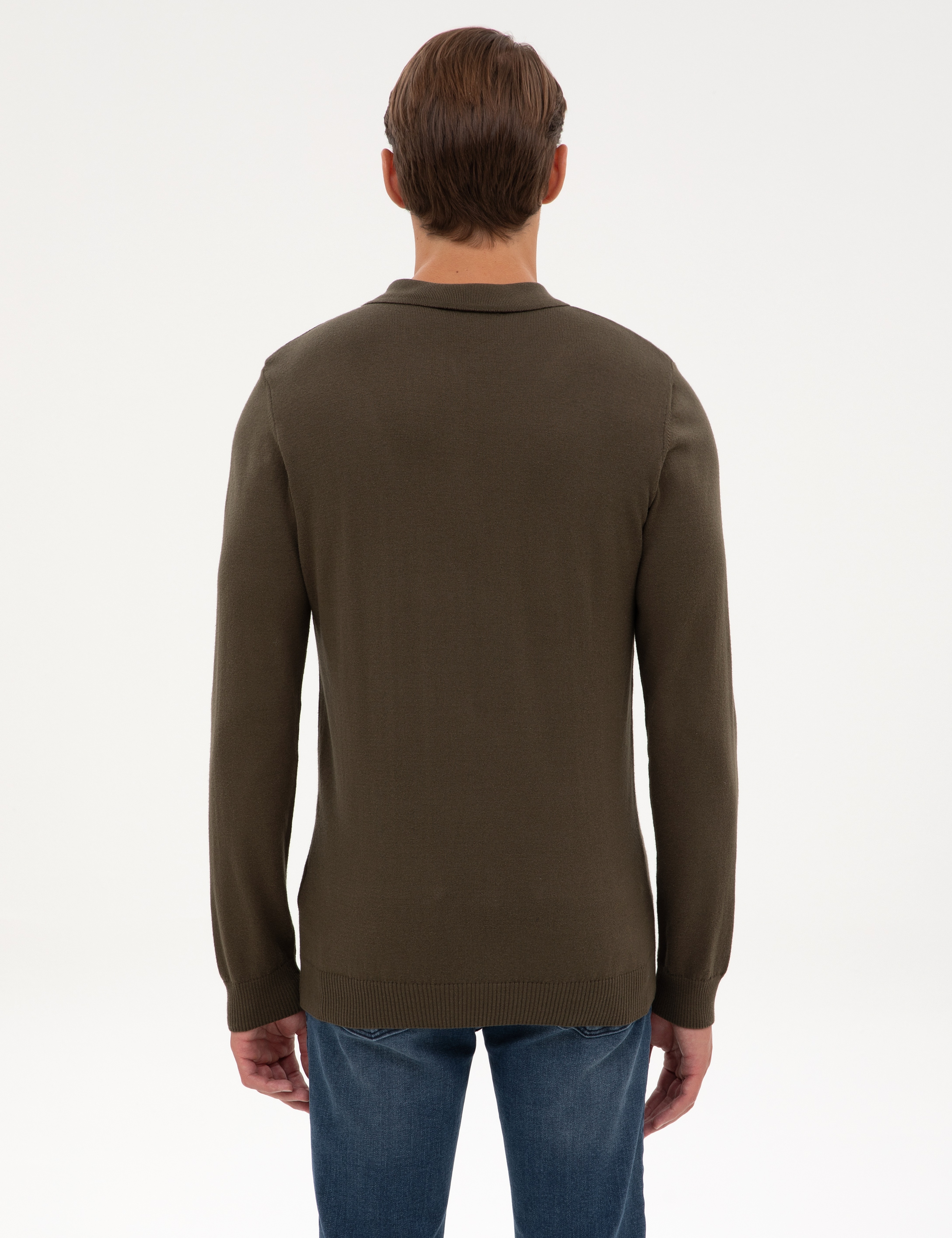 Haki Slim Fit Polo Yaka Fermuarlı Basic Triko Kazak