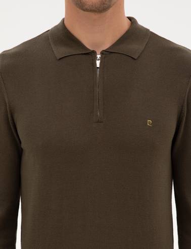 Haki Slim Fit Polo Yaka Fermuarlı Basic Triko Kazak