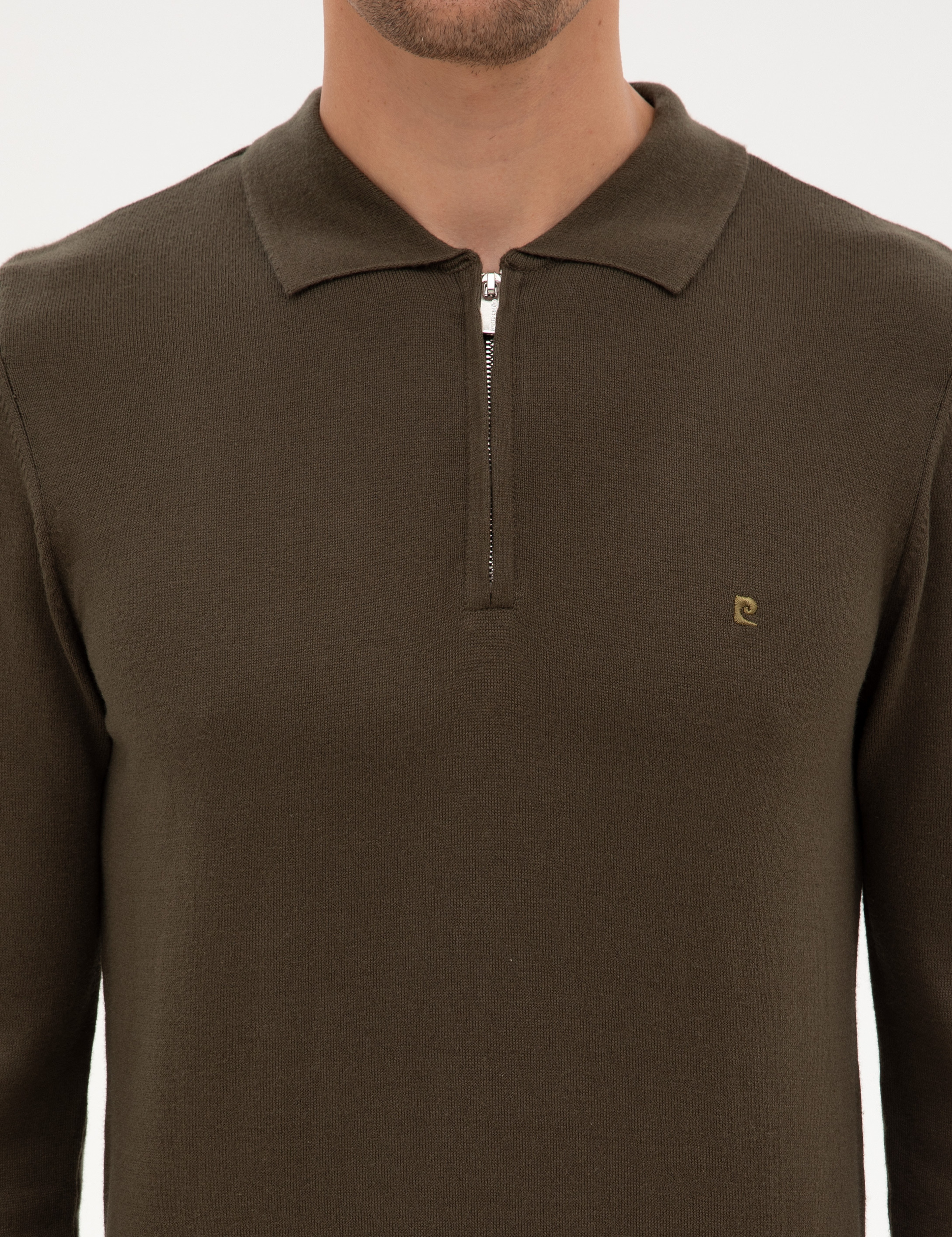 Haki Slim Fit Polo Yaka Fermuarlı Basic Triko Kazak - Image 6