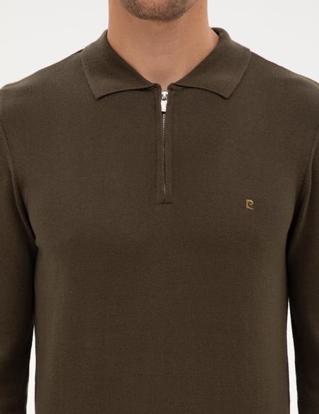 Haki Slim Fit Polo Yaka Fermuarlı Basic Triko Kazak - 50314191063