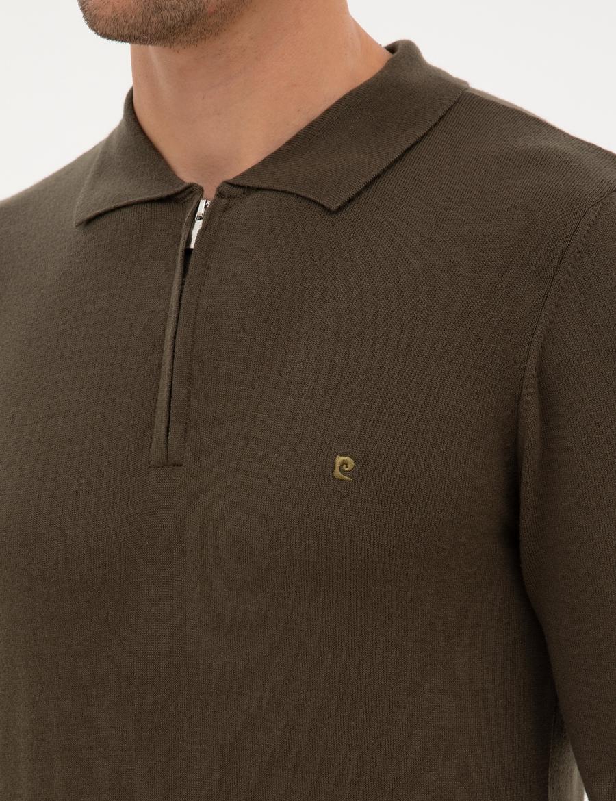 Haki Slim Fit Polo Yaka Fermuarlı Basic Triko Kazak