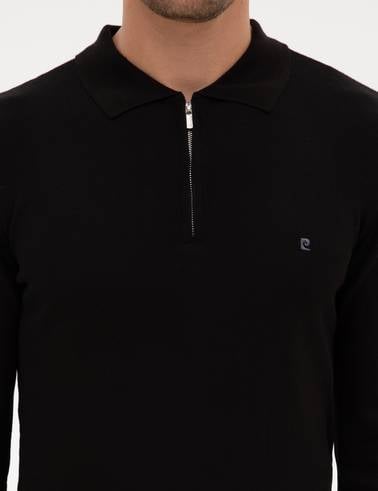 Siyah Slim Fit Fermuarlı Polo Yaka Basic Triko Kazak
