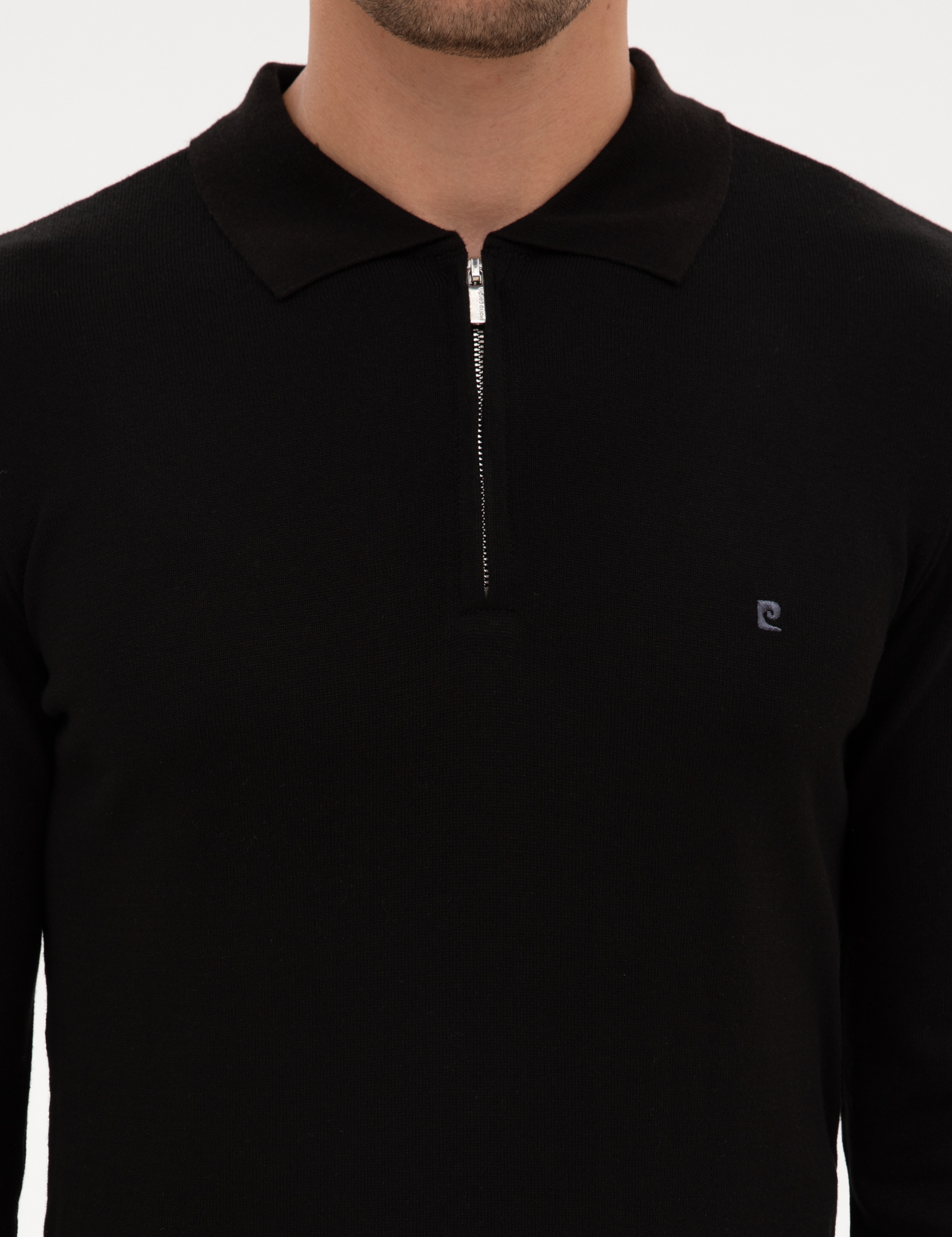 Siyah Slim Fit Fermuarlı Polo Yaka Basic Triko Kazak - Image 6