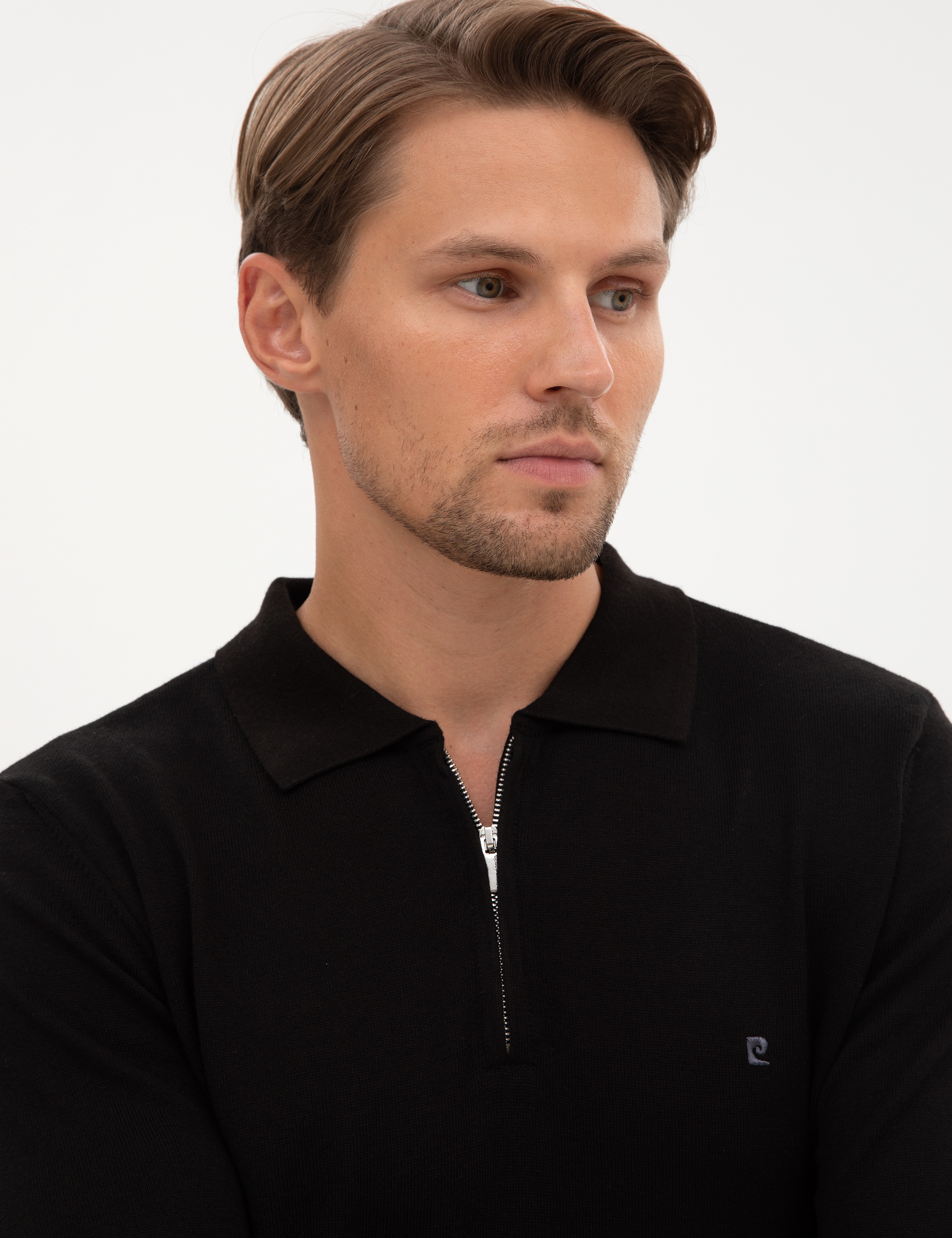 Siyah Slim Fit Fermuarlı Polo Yaka Basic Triko Kazak - Image 2