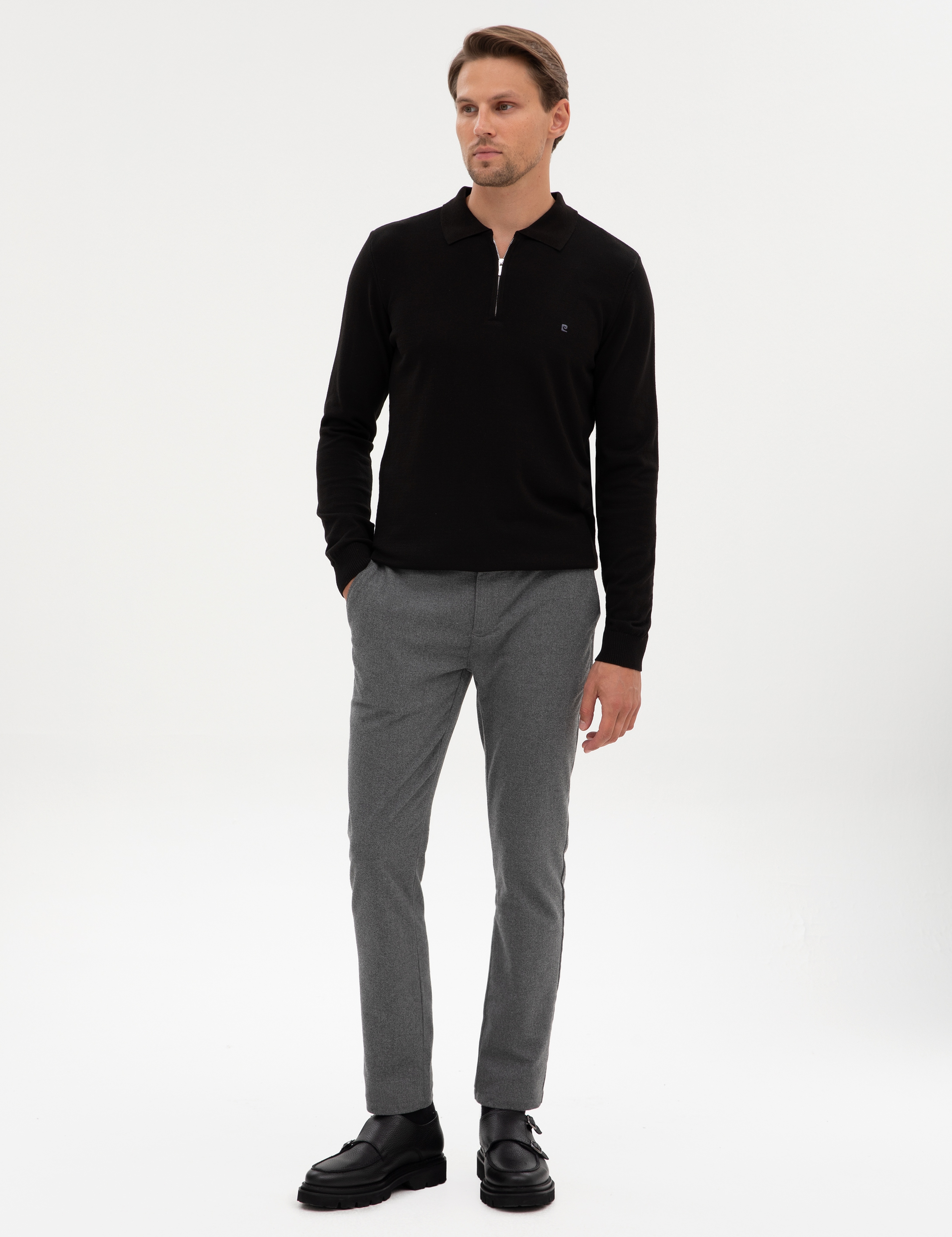 Siyah Slim Fit Fermuarlı Polo Yaka Basic Triko Kazak - Image 4