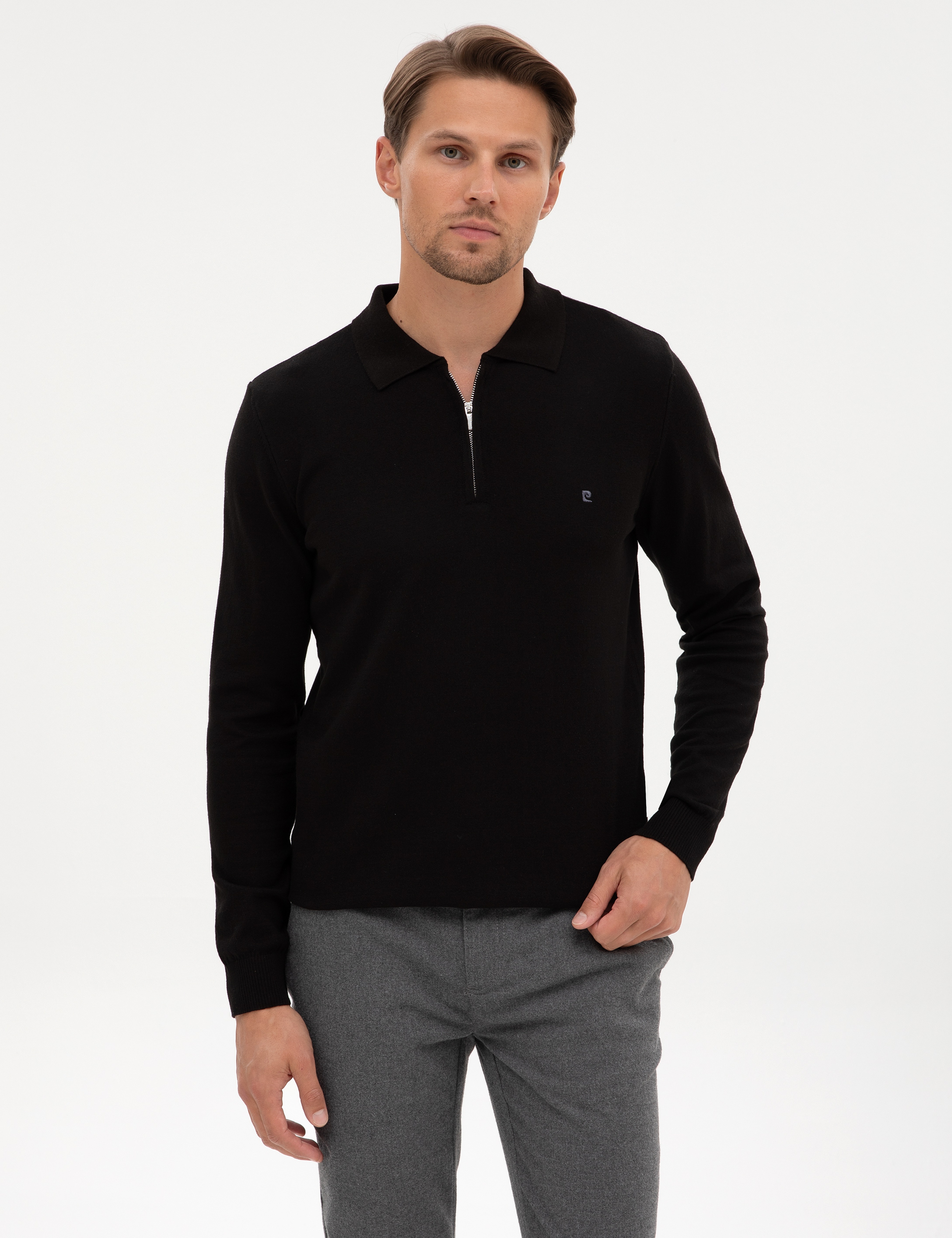 Siyah Slim Fit Fermuarlı Polo Yaka Basic Triko Kazak - Image 3