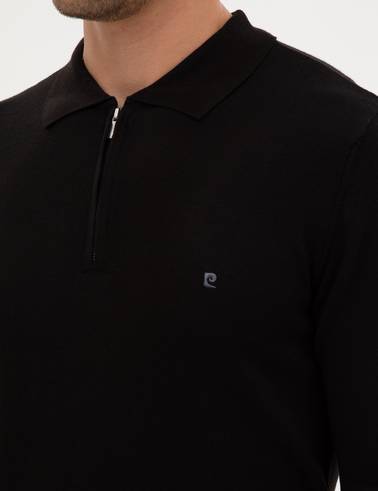 Siyah Slim Fit Fermuarlı Polo Yaka Basic Triko Kazak