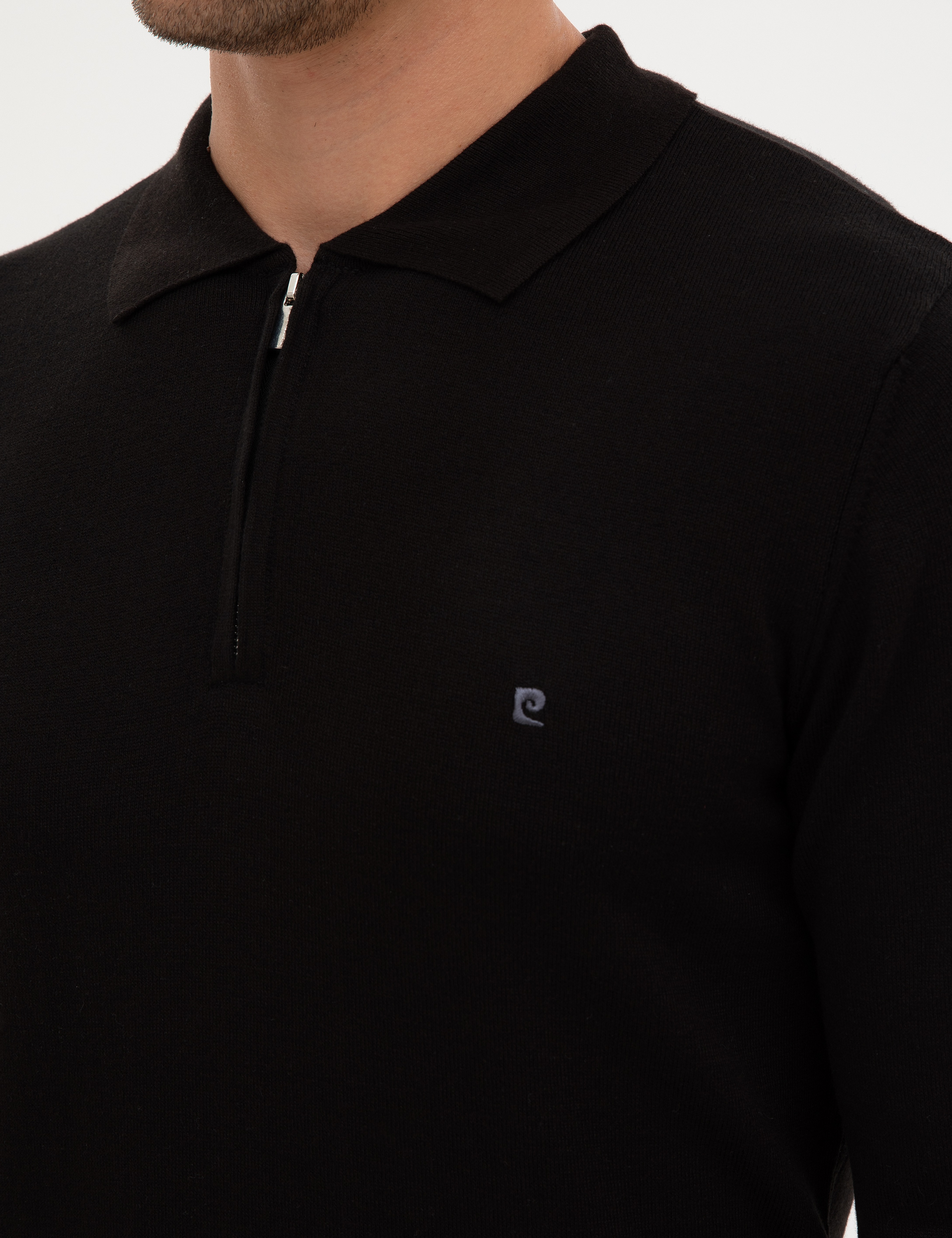 Siyah Slim Fit Fermuarlı Polo Yaka Basic Triko Kazak