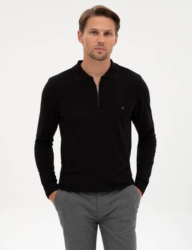 Siyah Slim Fit Fermuarlı Polo Yaka Basic Triko Kazak