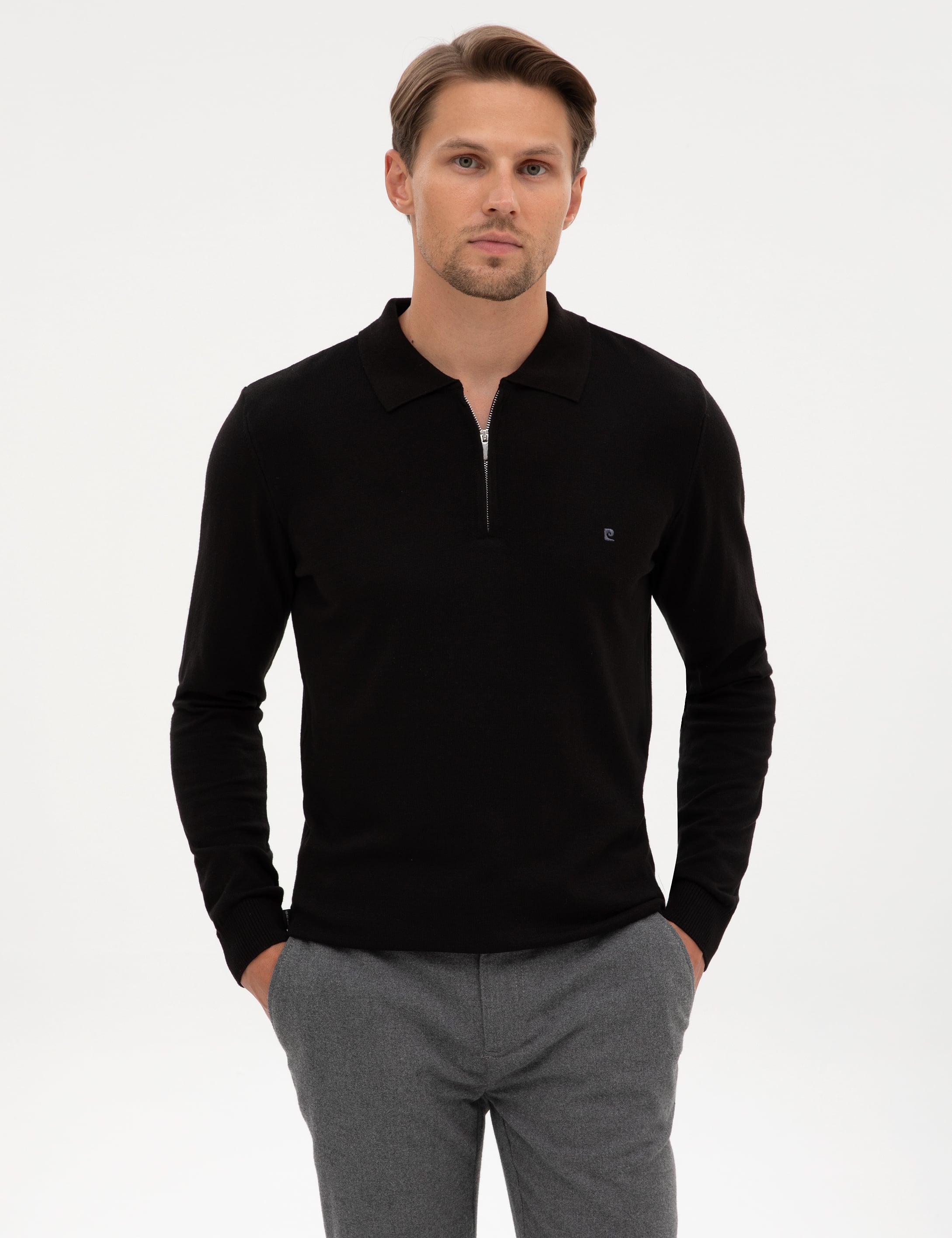 Siyah Slim Fit Fermuarlı Polo Yaka Basic Triko Kazak