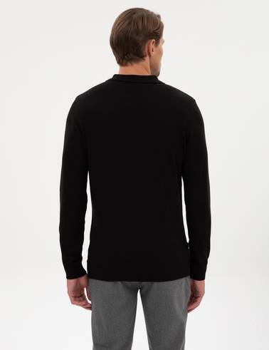 Siyah Slim Fit Fermuarlı Polo Yaka Basic Triko Kazak