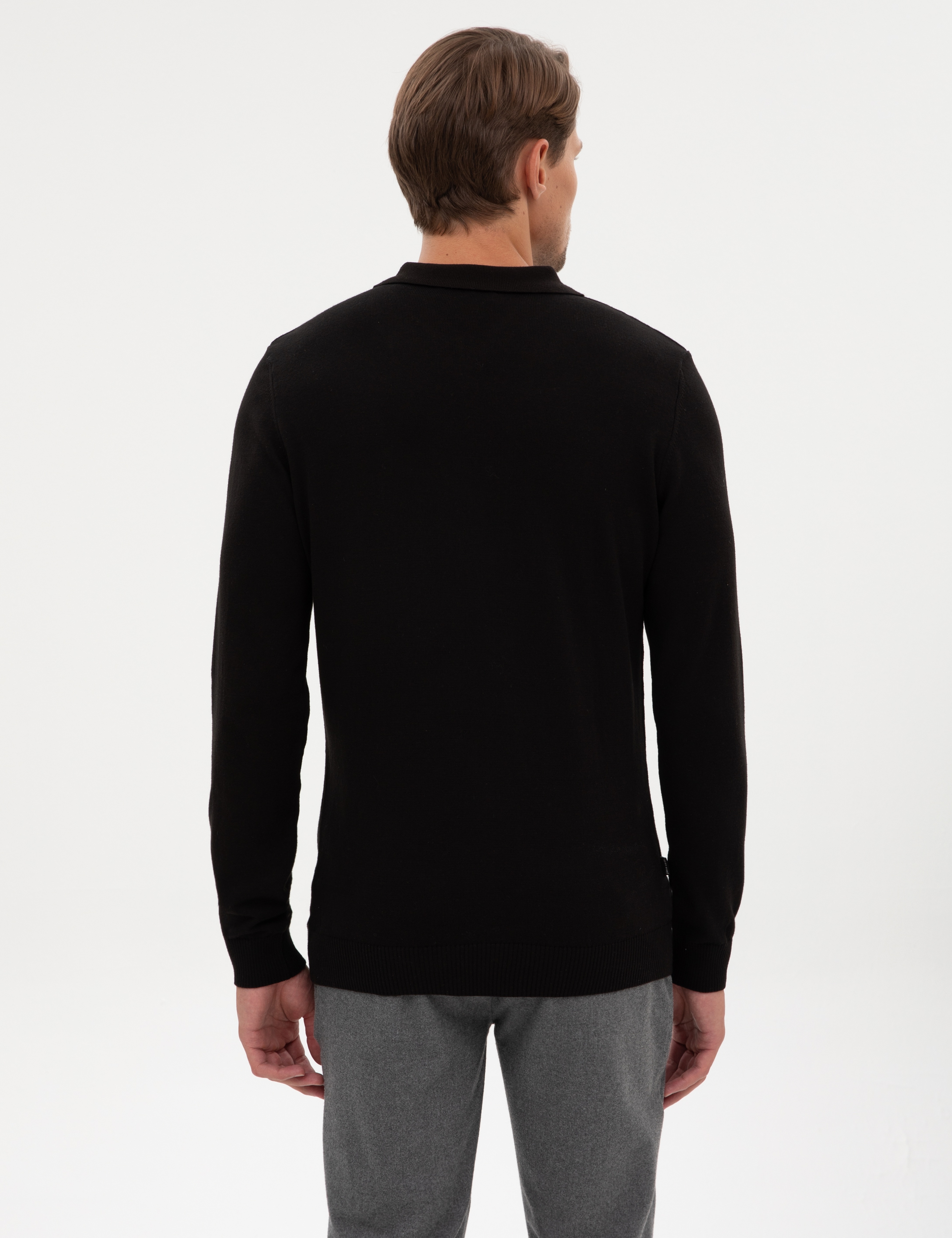 Siyah Slim Fit Fermuarlı Polo Yaka Basic Triko Kazak - Image 5