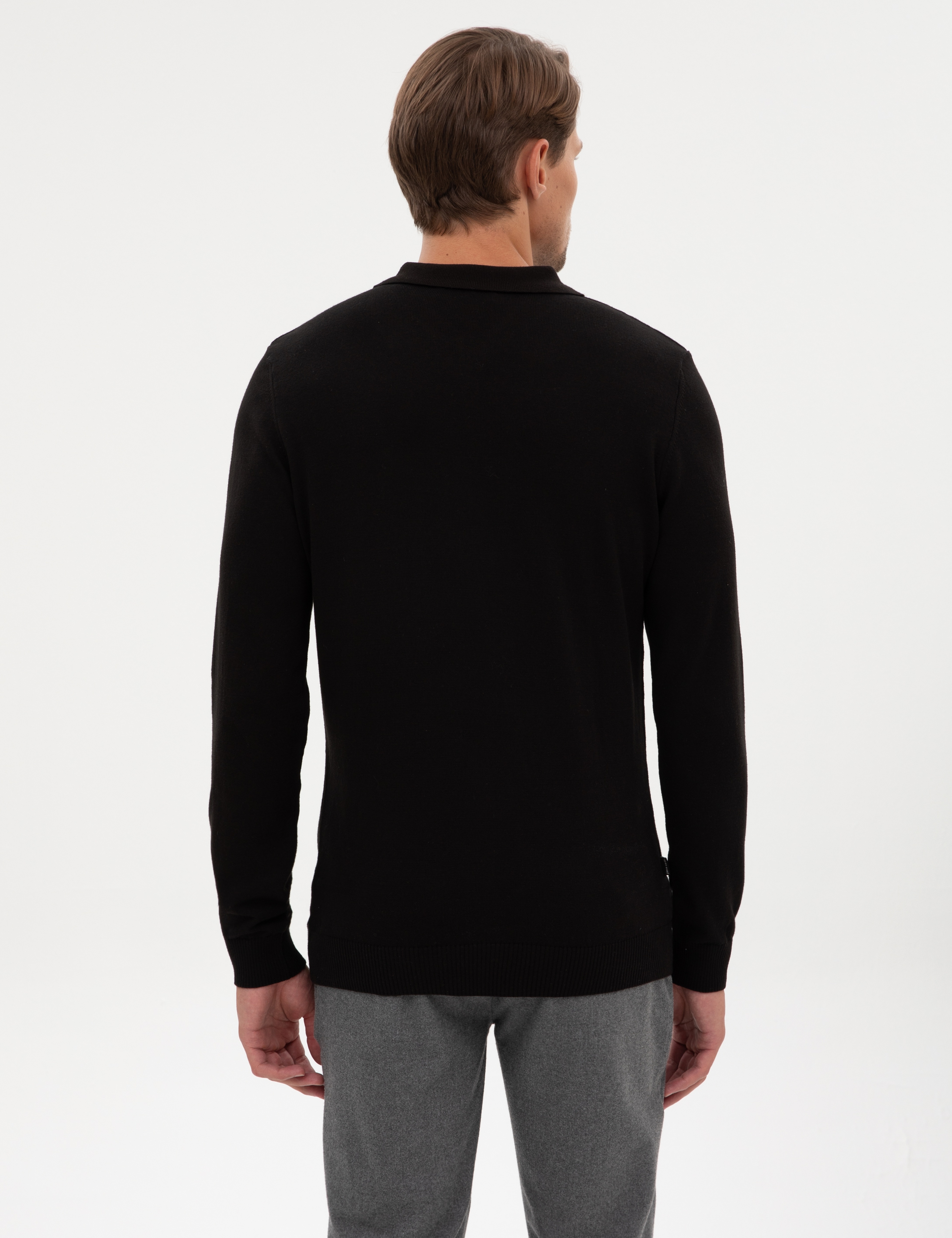 Siyah Slim Fit Fermuarlı Polo Yaka Basic Triko Kazak