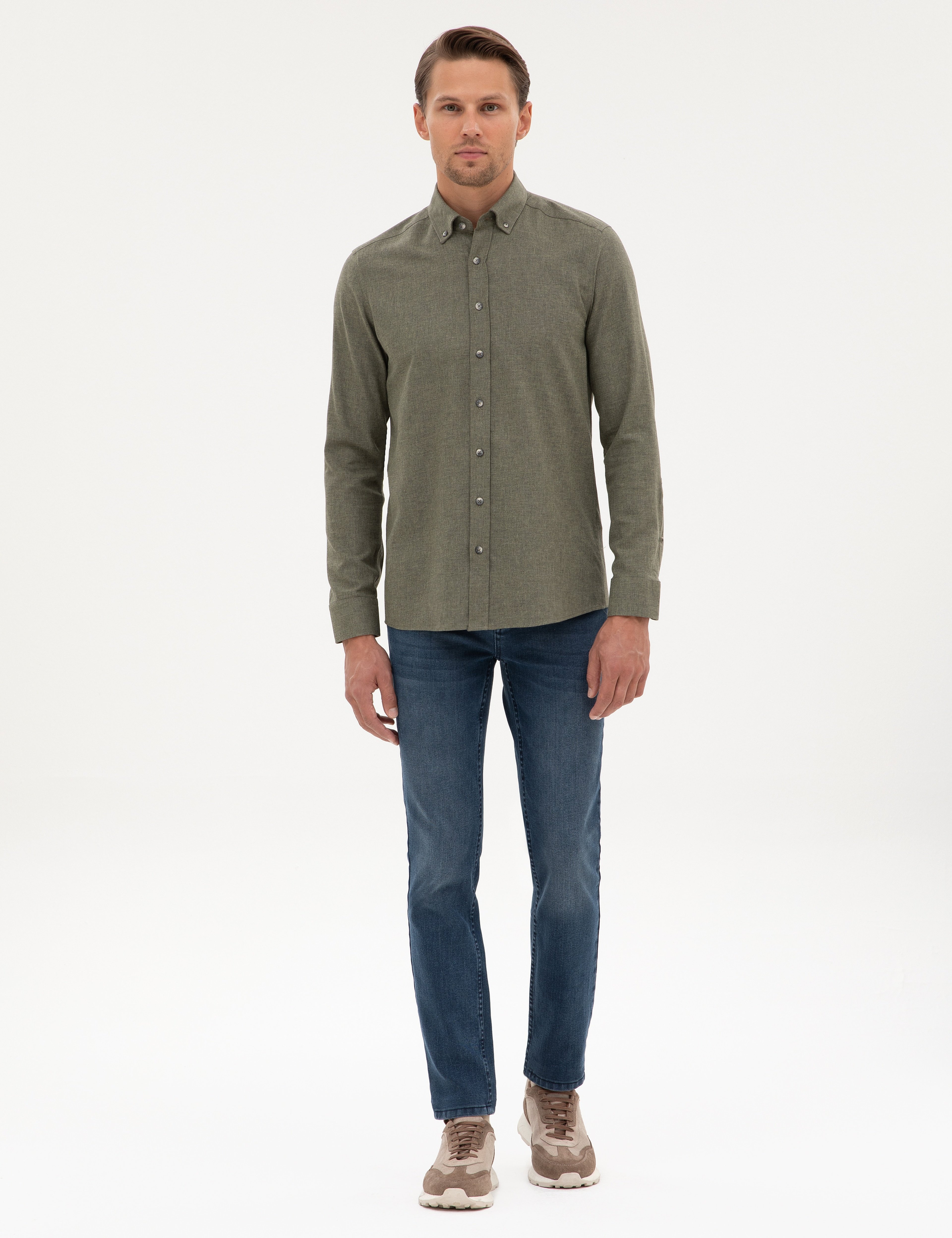 Haki Flanel Dokulu Slim Fit Uzun Kollu Gömlek