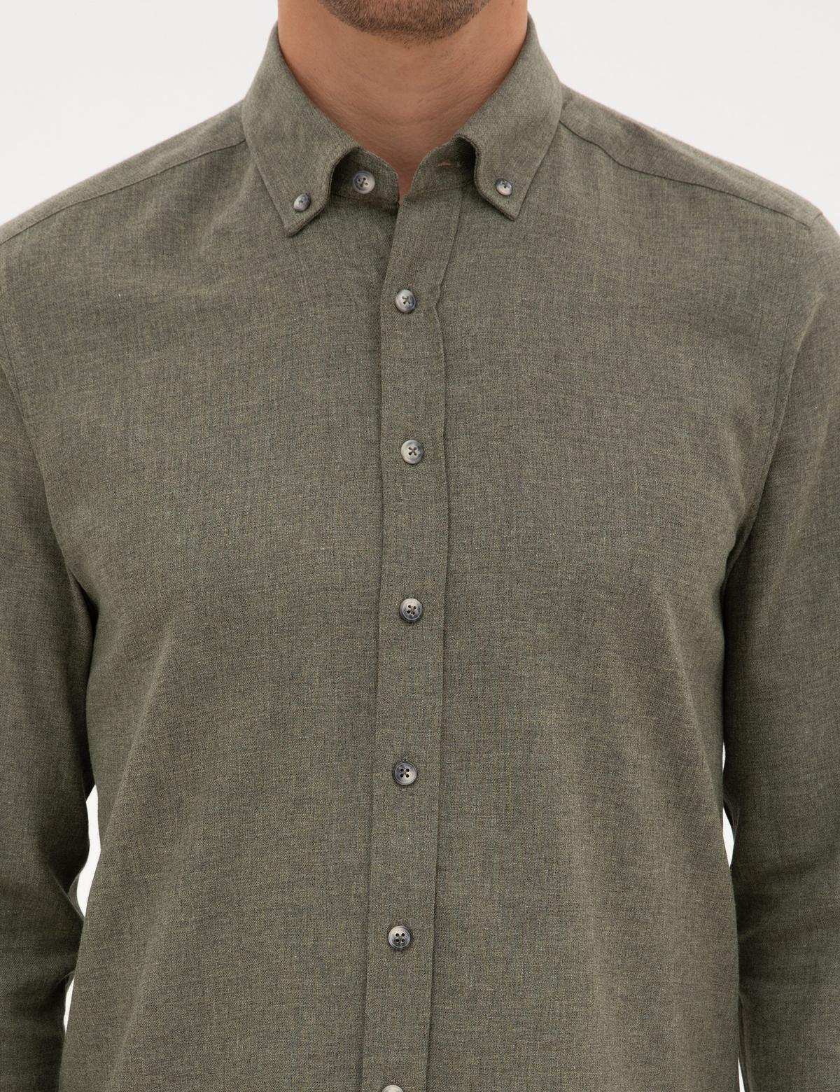 Haki Flanel Dokulu Slim Fit Uzun Kollu Gömlek - 50316751064