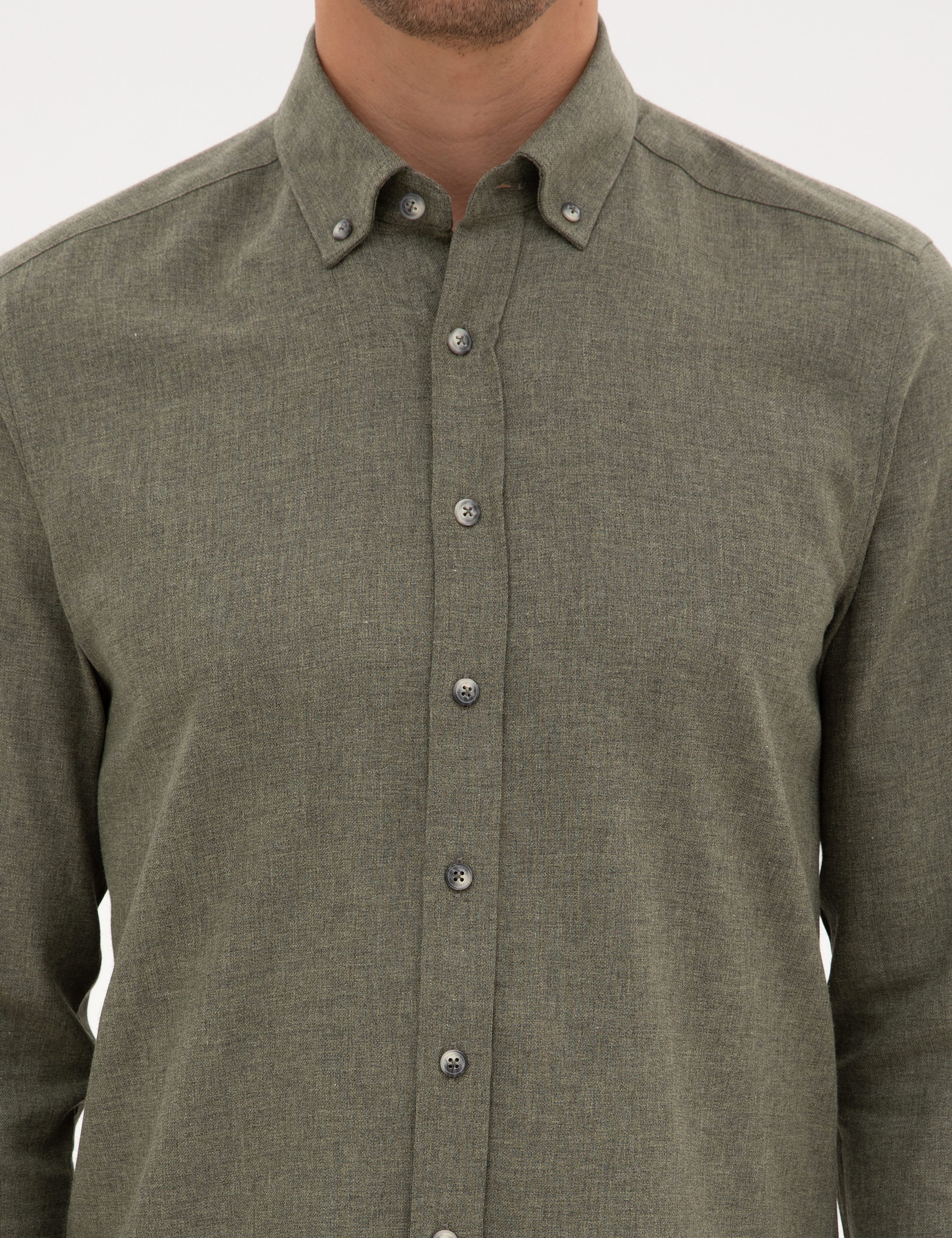 Haki Flanel Dokulu Slim Fit Uzun Kollu Gömlek