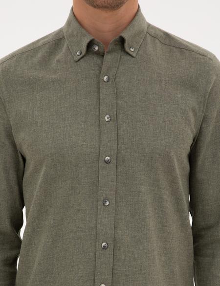 Haki Flanel Dokulu Slim Fit Uzun Kollu Gömlek - 50316751064
