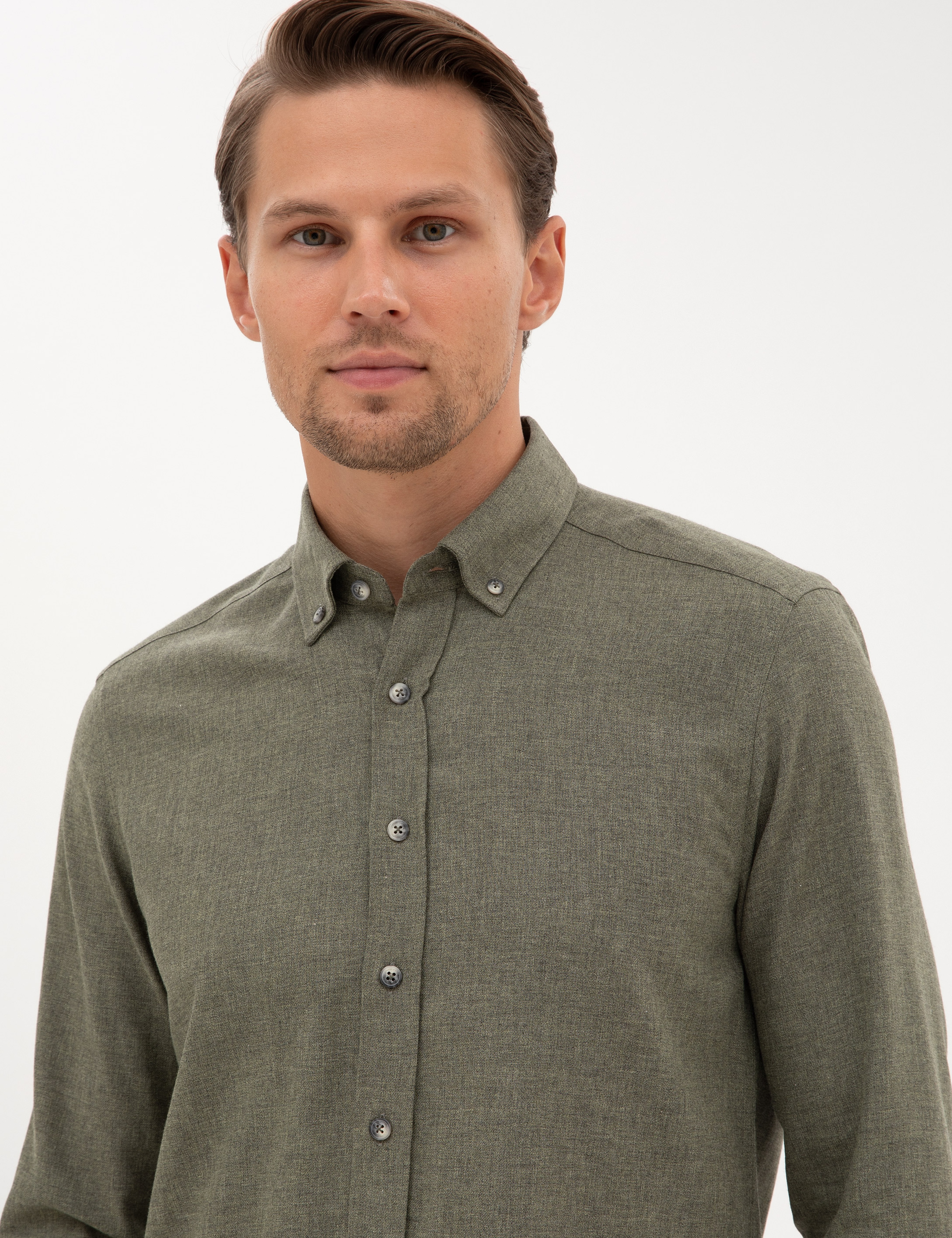 Haki Flanel Dokulu Slim Fit Uzun Kollu Gömlek - Image 2