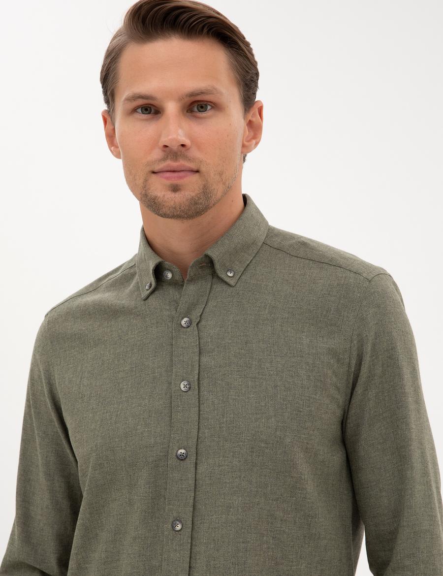 Haki Flanel Dokulu Slim Fit Uzun Kollu Gömlek