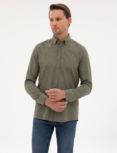 Haki Flanel Dokulu Slim Fit Uzun Kollu Gömlek