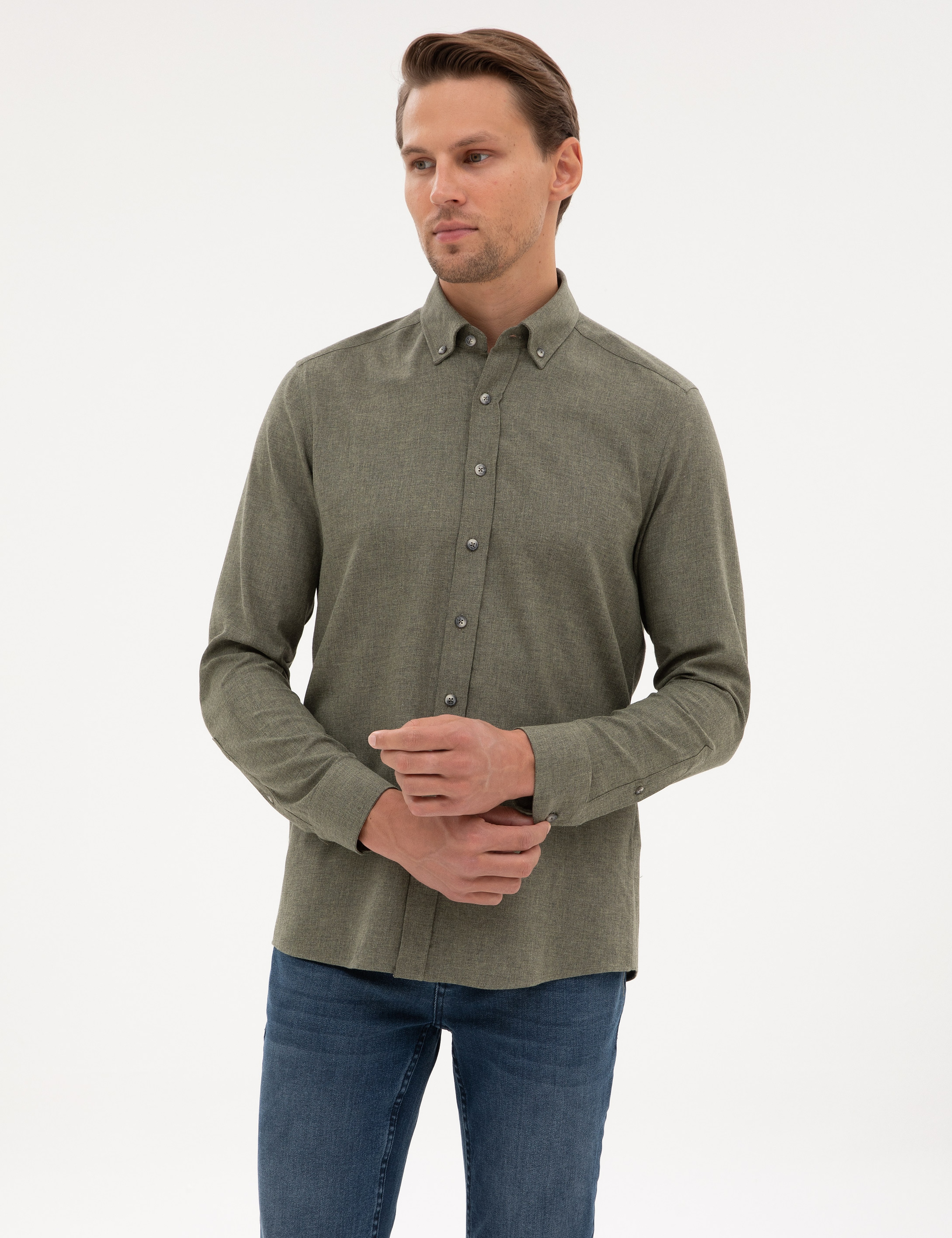 Haki Flanel Dokulu Slim Fit Uzun Kollu Gömlek - Image 3