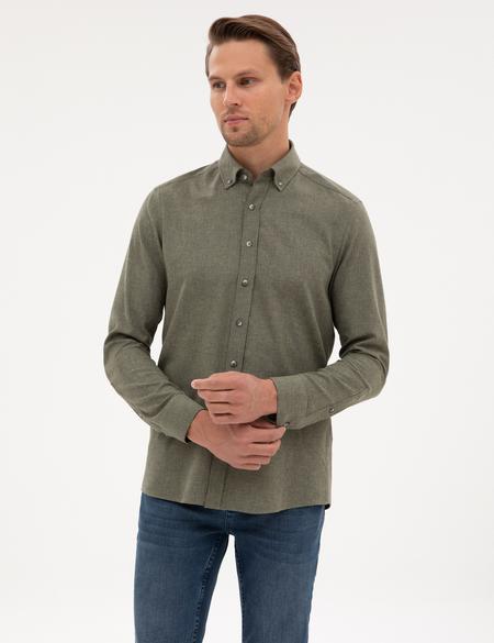 Haki Flanel Dokulu Slim Fit Uzun Kollu Gömlek - 50316751064
