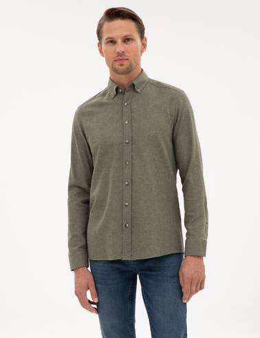 Haki Flanel Dokulu Slim Fit Uzun Kollu Gömlek