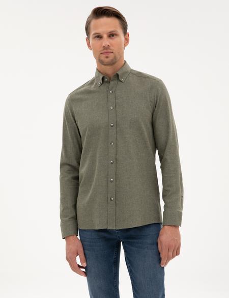 Haki Flanel Dokulu Slim Fit Uzun Kollu Gömlek - 50316751064