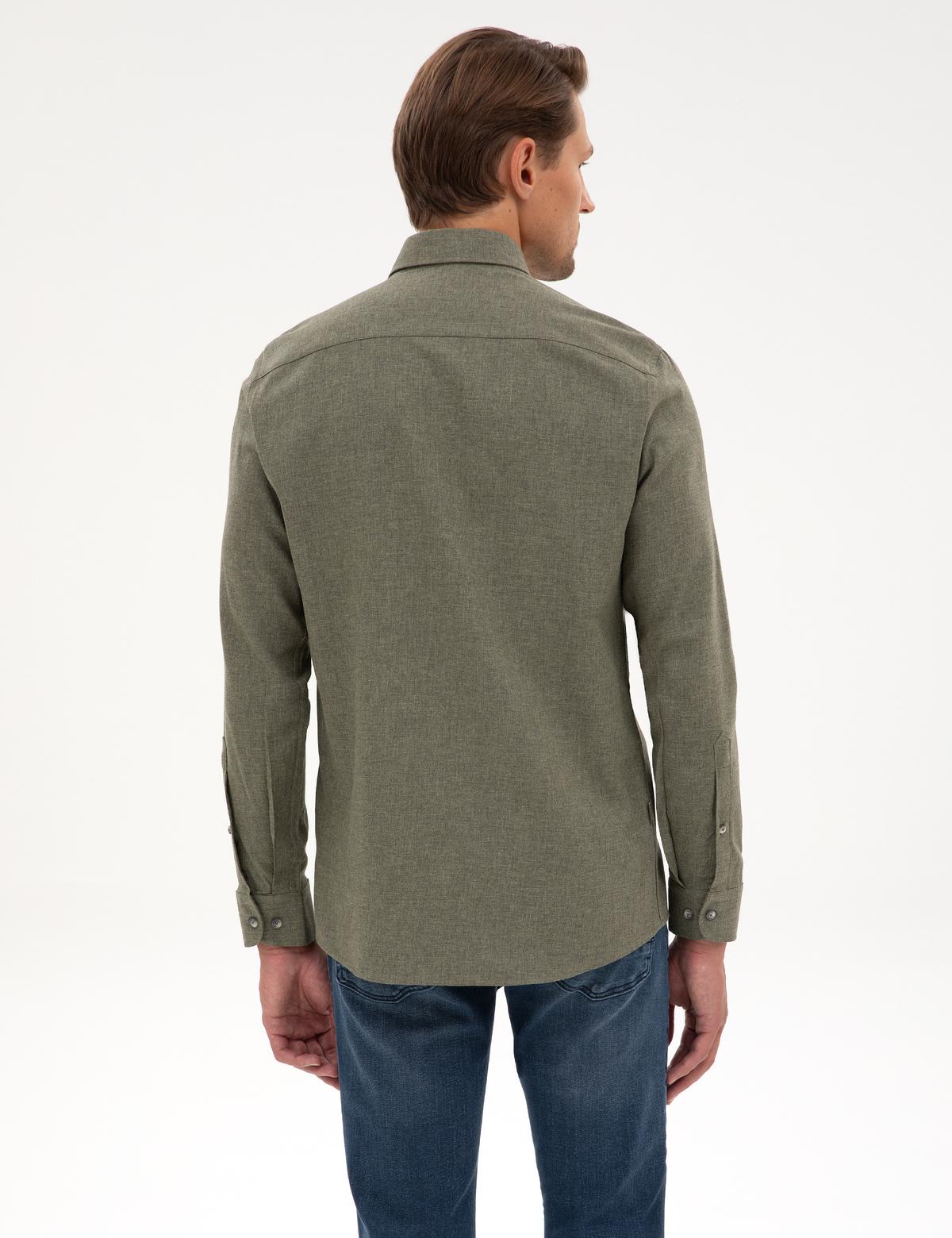 Haki Flanel Dokulu Slim Fit Uzun Kollu Gömlek - 50316751064