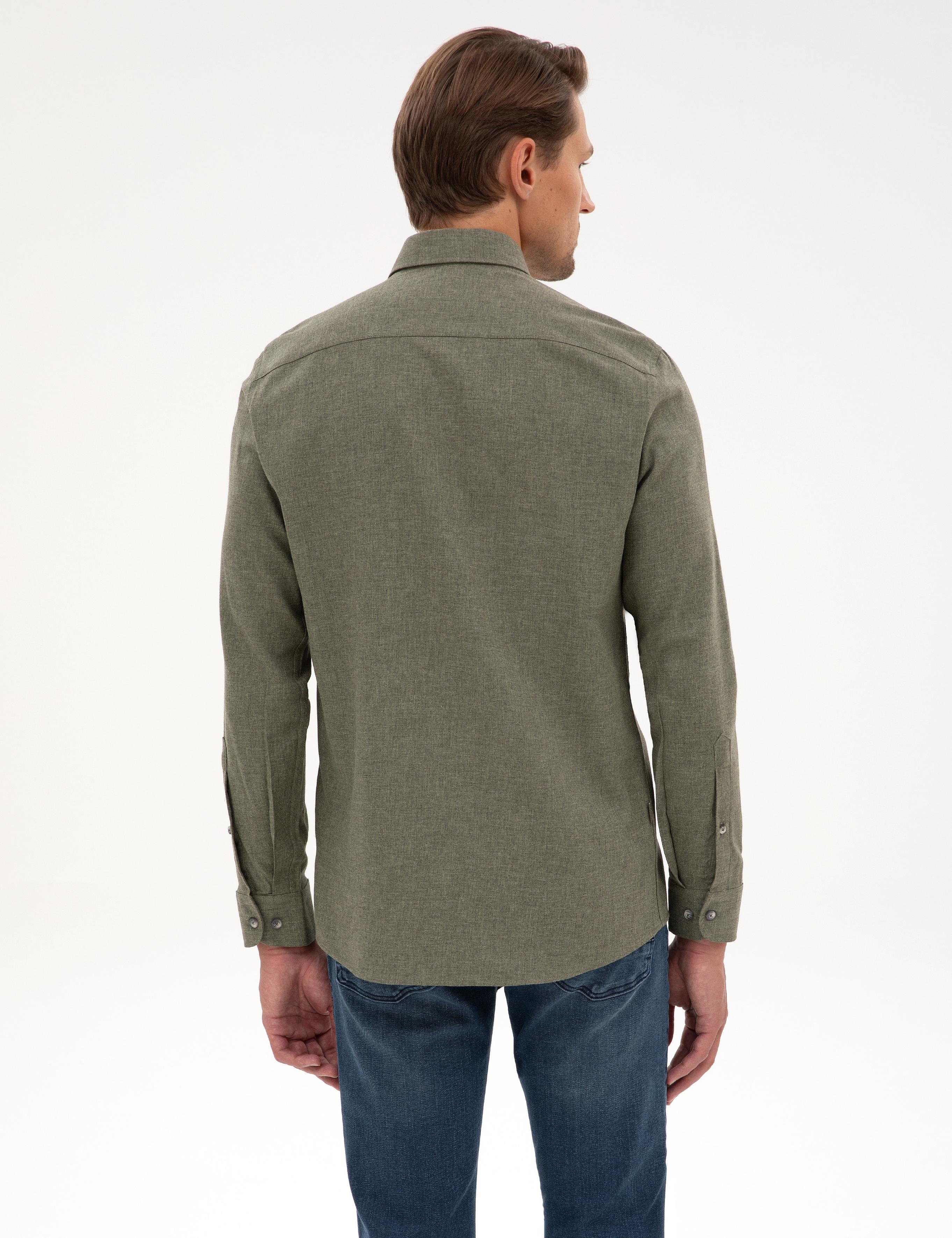 Haki Flanel Dokulu Slim Fit Uzun Kollu Gömlek