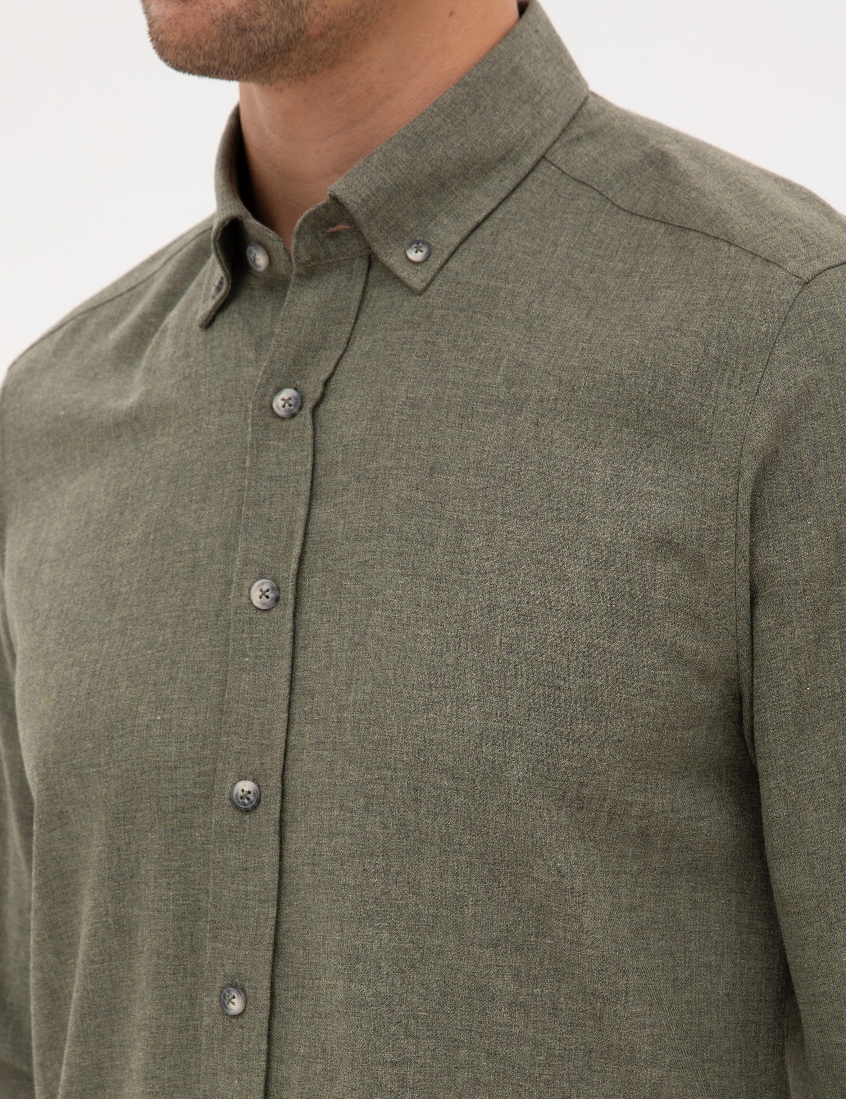 Haki Flanel Dokulu Slim Fit Uzun Kollu Gömlek