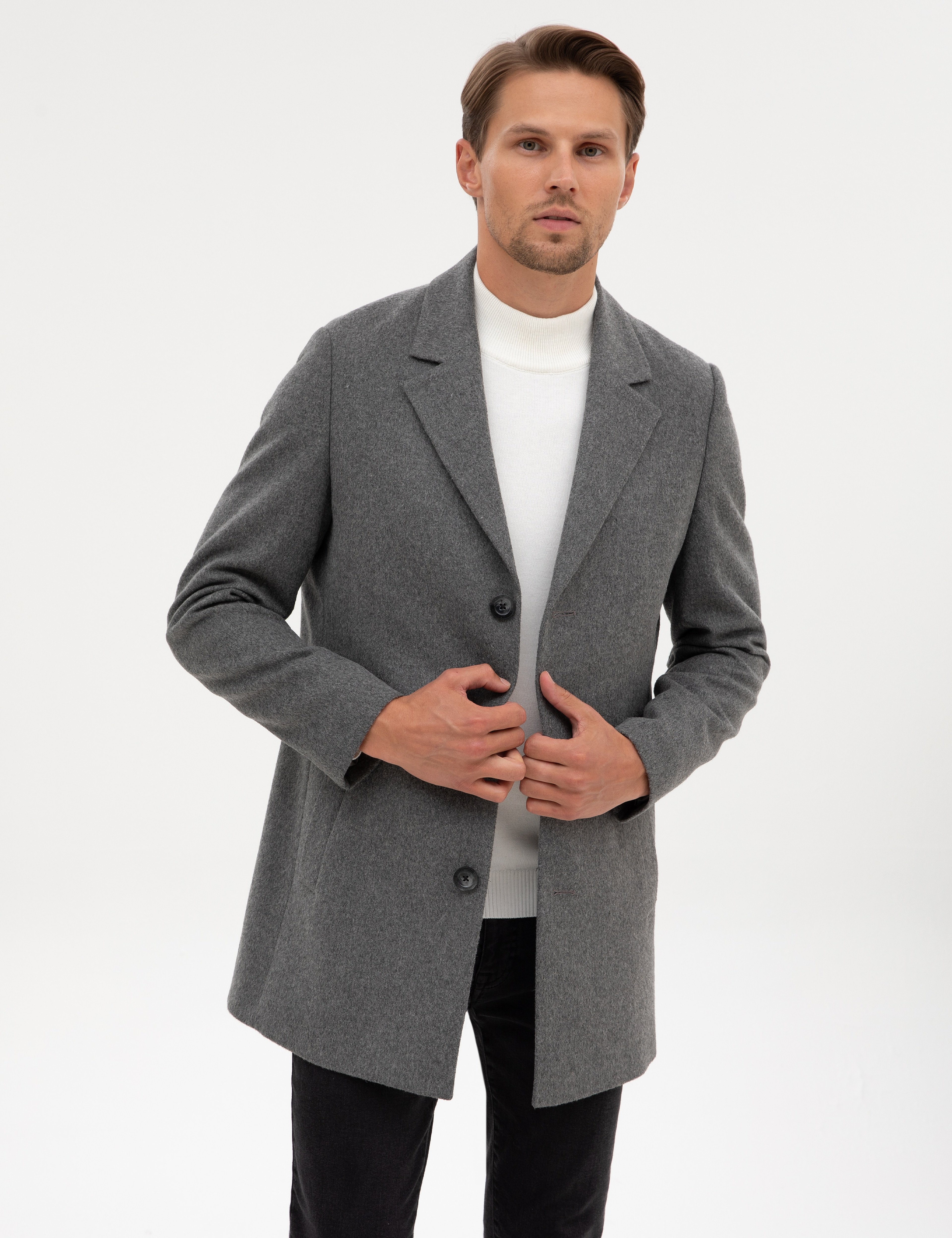 Gri Ex. Slim Fit Yün Karışımlı Kaşe Kaban