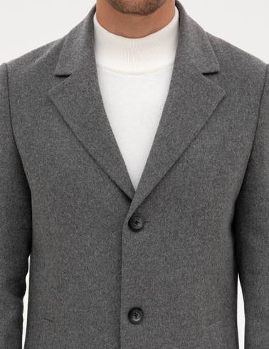 Gri Ex. Slim Fit Yün Karışımlı Kaşe Kaban