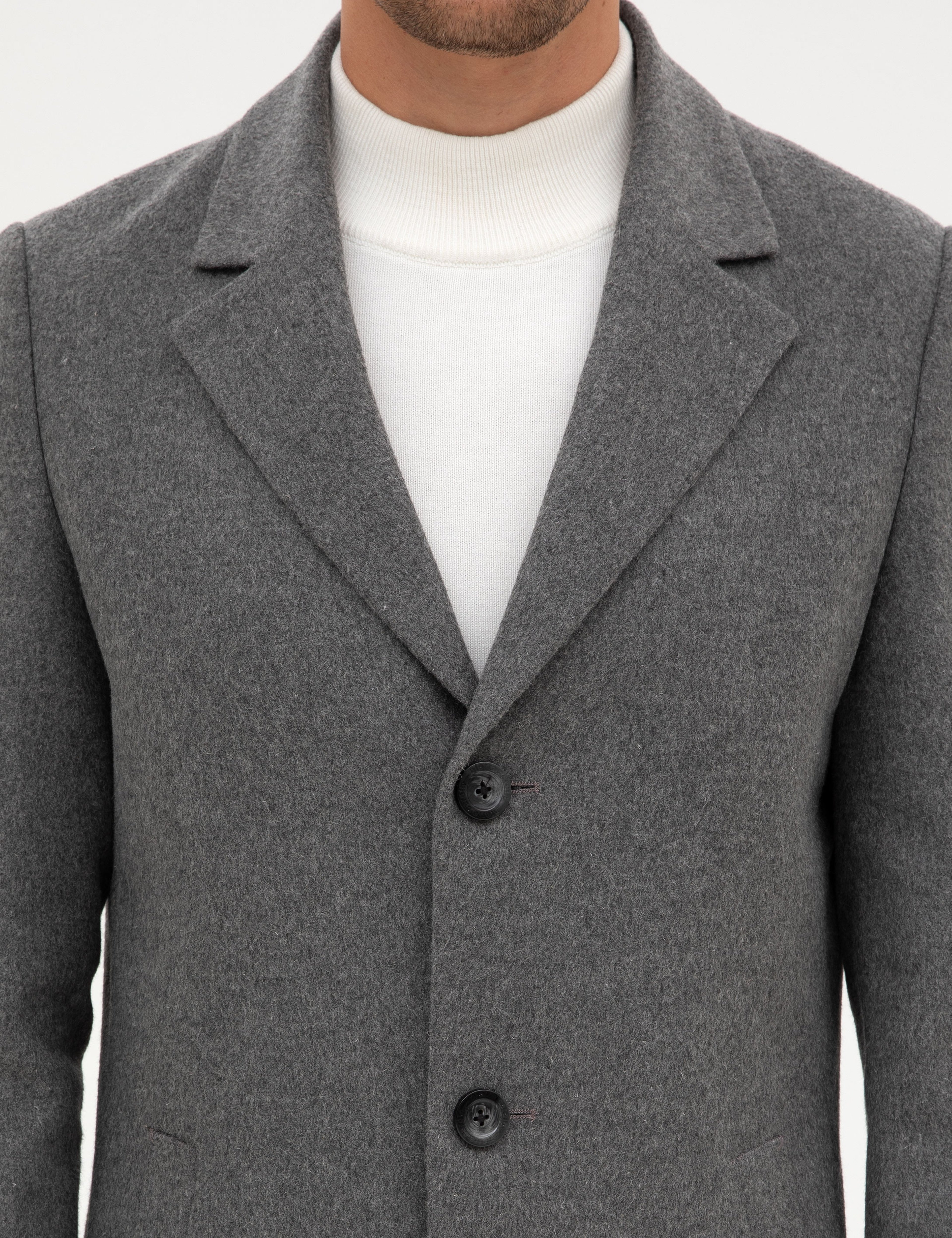 Gri Ex. Slim Fit Yün Karışımlı Kaşe Kaban