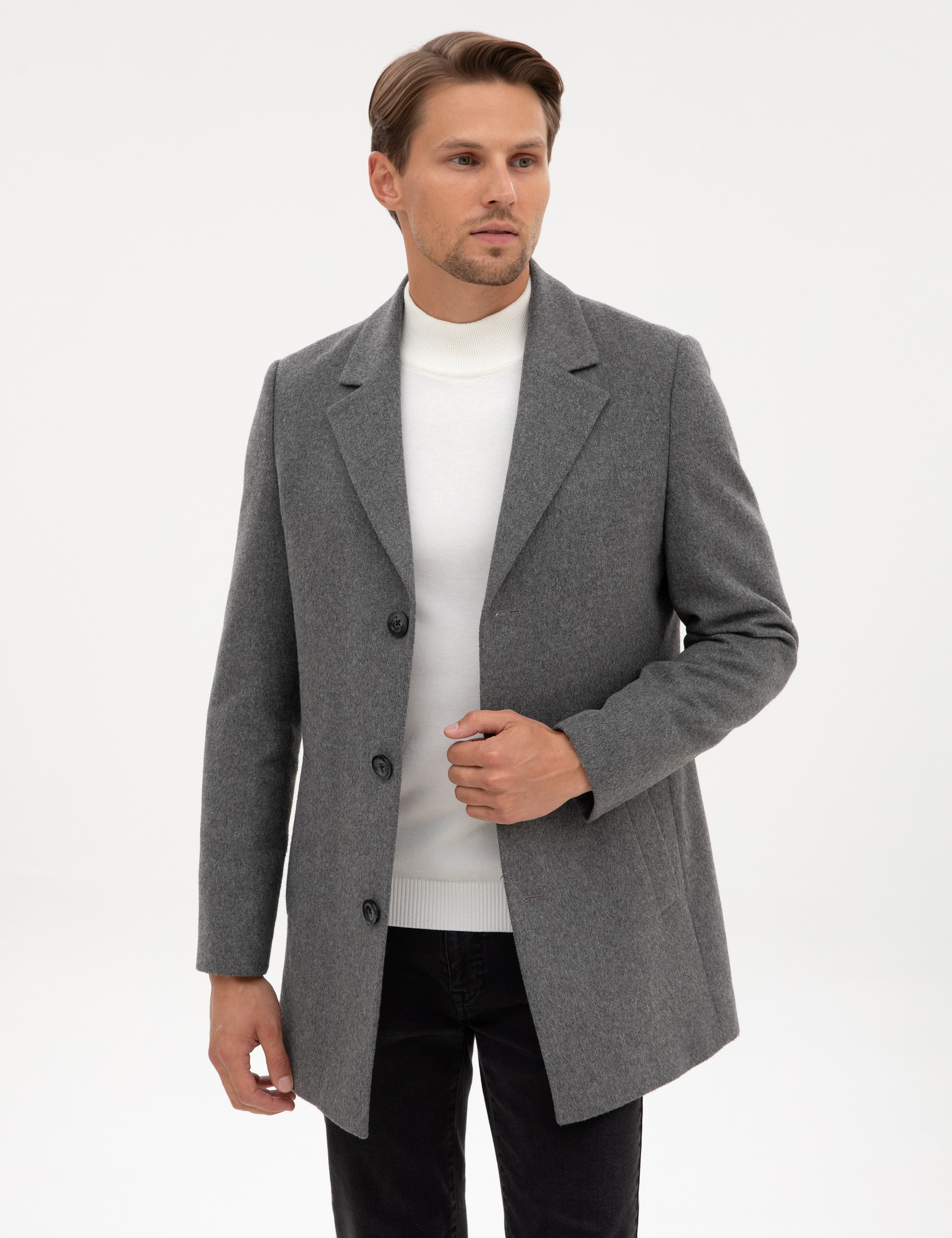 Gri Ex. Slim Fit Yün Karışımlı Kaşe Kaban