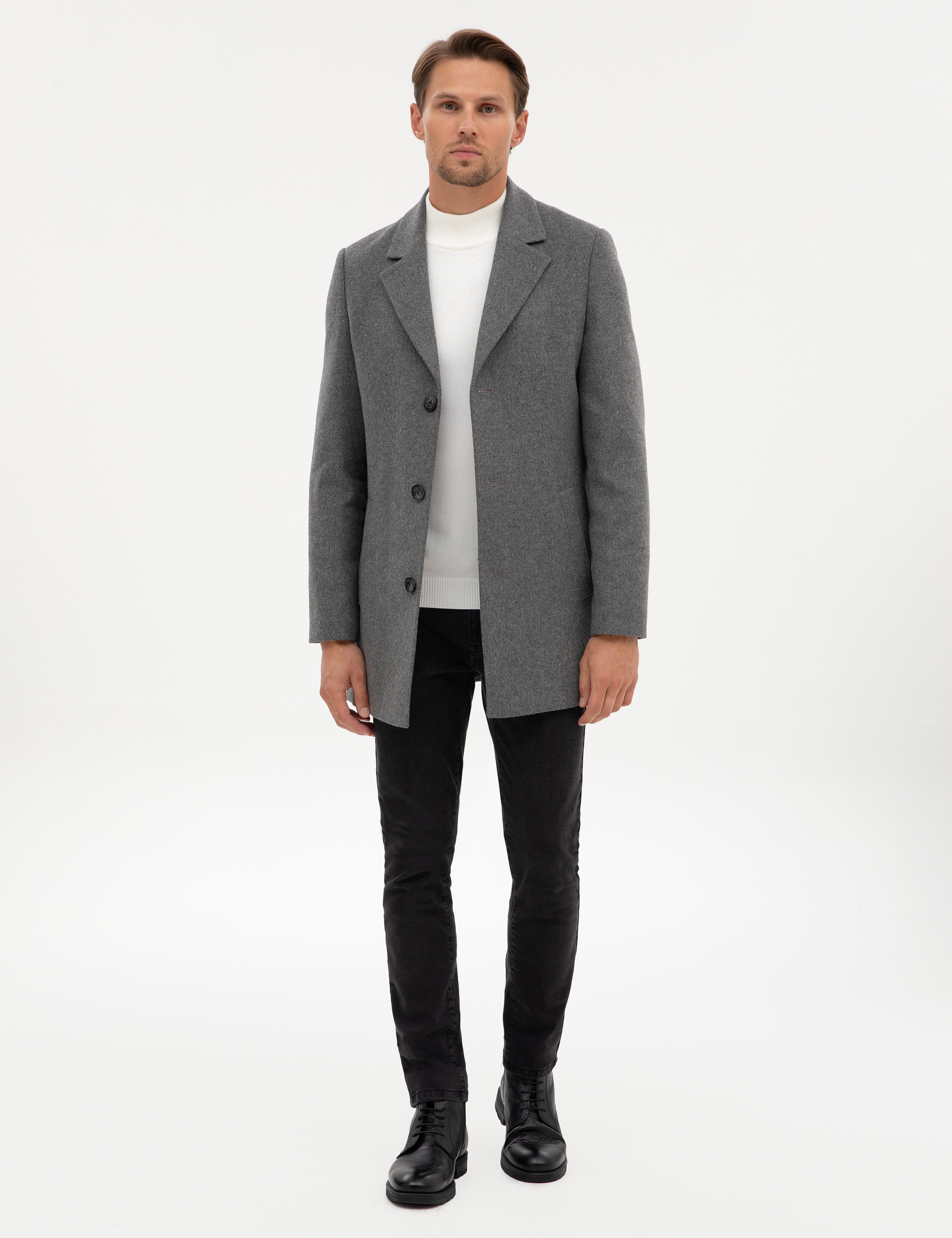 Gri Ex. Slim Fit Yün Karışımlı Kaşe Kaban - Image 4
