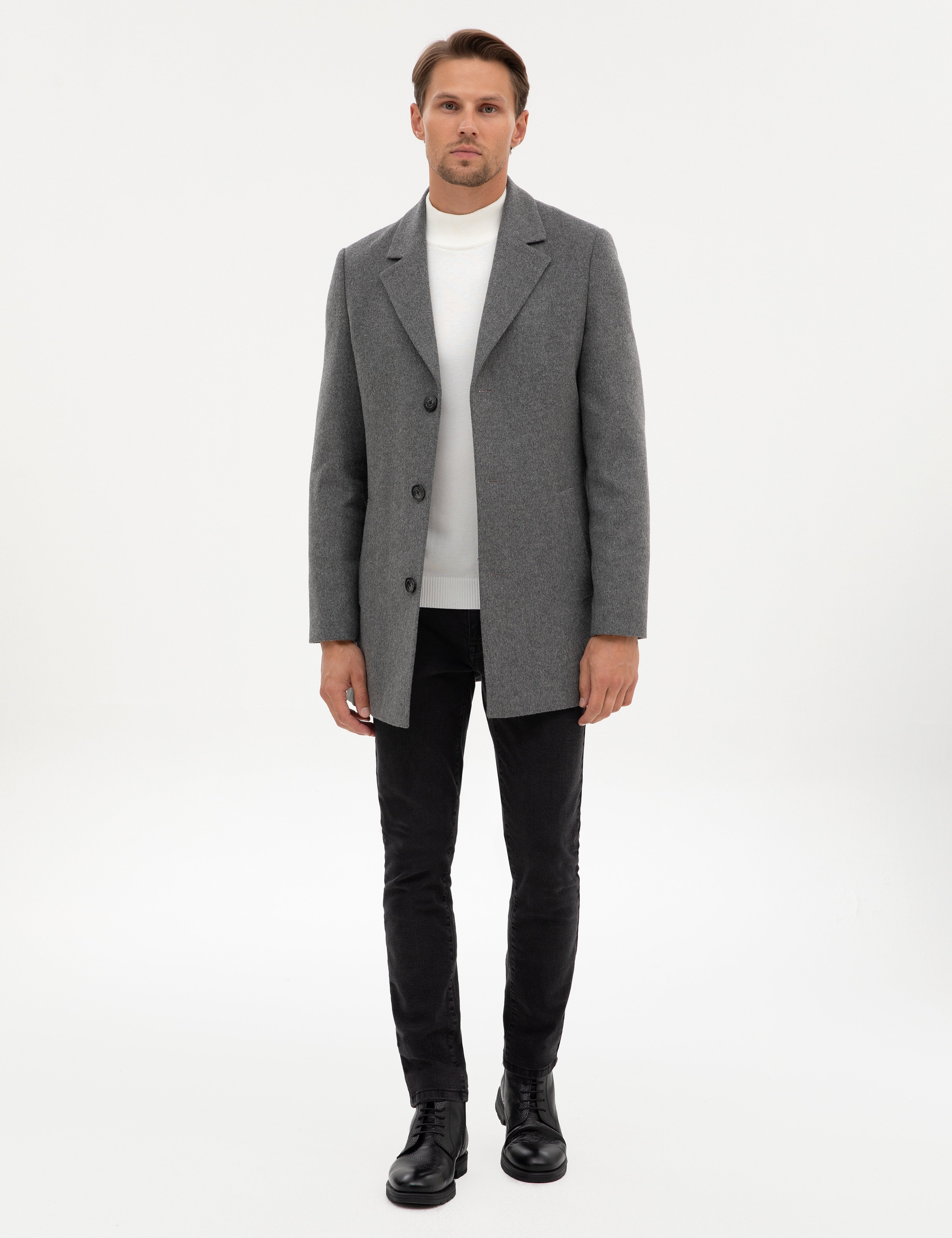Gri Ex. Slim Fit Yün Karışımlı Kaşe Kaban