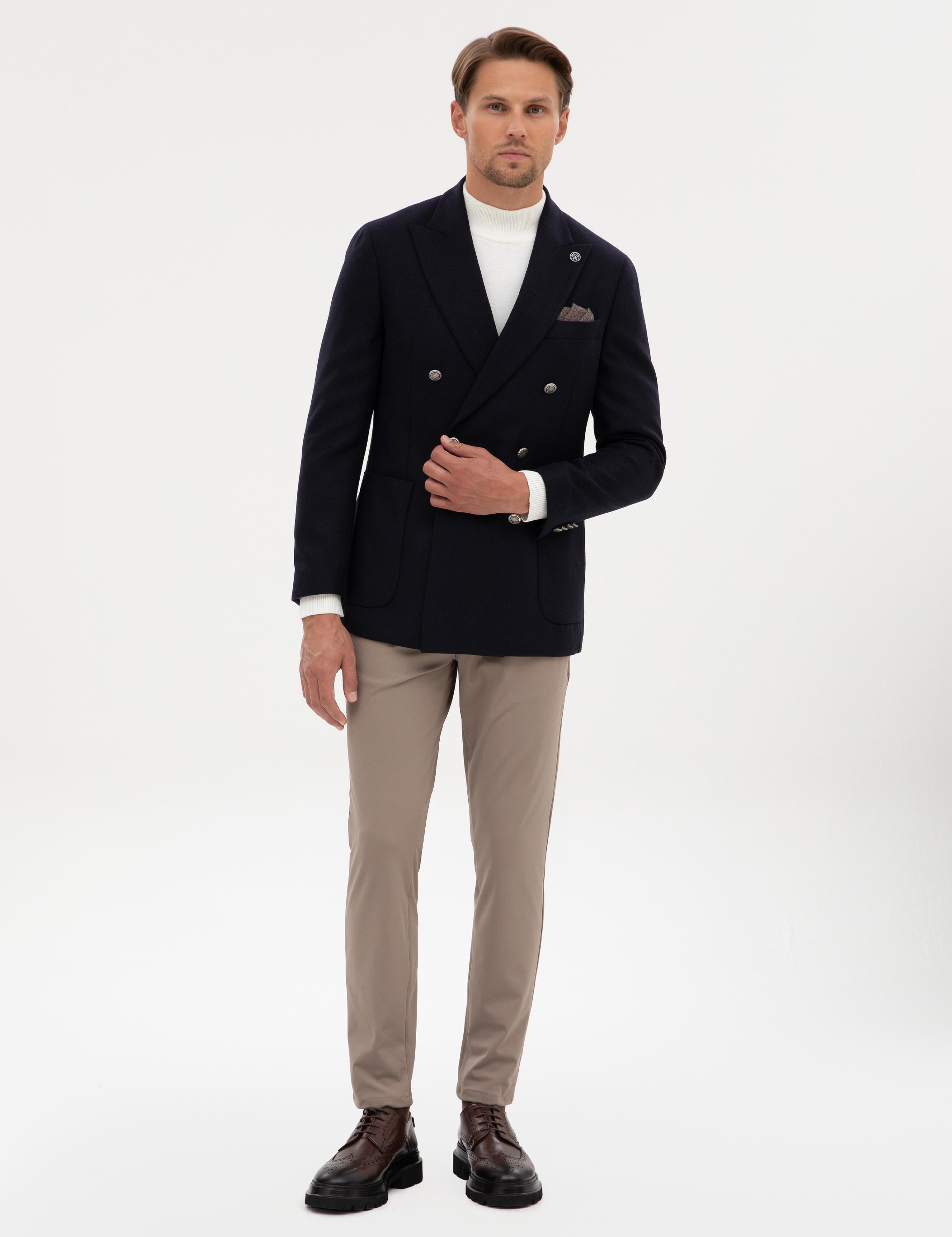 Lacivert Ex. Slim Fit Yün Karışımlı Kruvaze Ceket