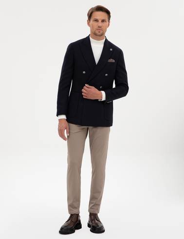 Lacivert Ex. Slim Fit Yün Karışımlı Kruvaze Ceket