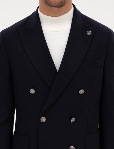 Lacivert Ex. Slim Fit Yün Karışımlı Kruvaze Ceket