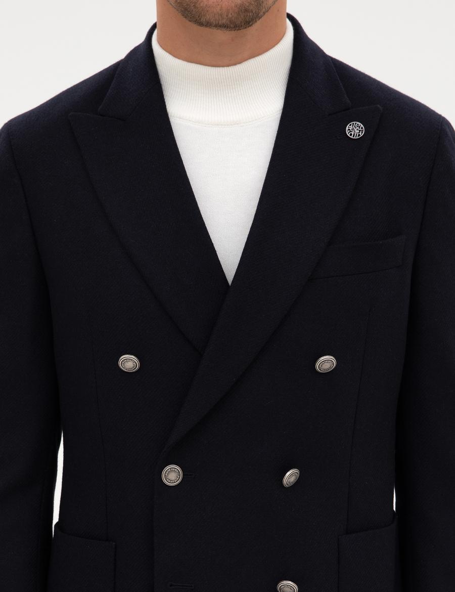 Lacivert Ex. Slim Fit Yün Karışımlı Kruvaze Ceket