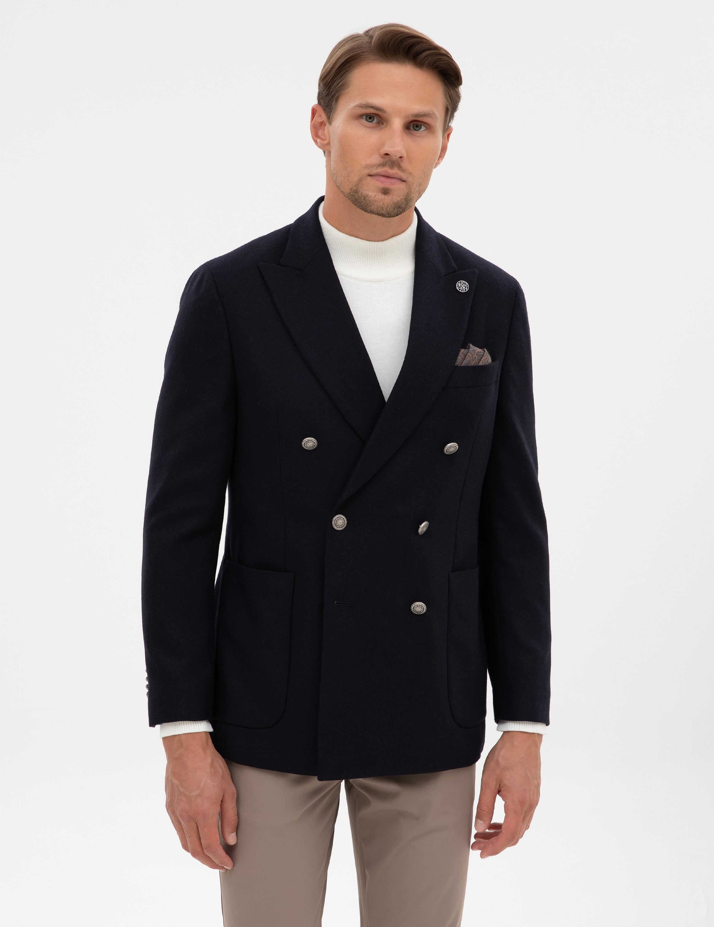 Lacivert Ex. Slim Fit Yün Karışımlı Kruvaze Ceket