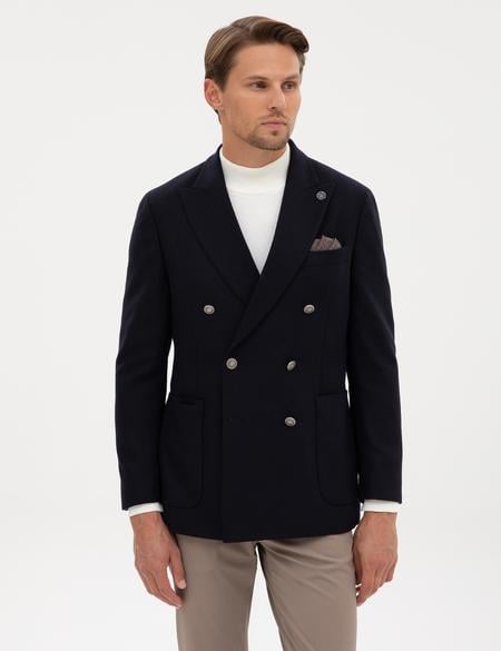 Lacivert Ex. Slim Fit Yün Karışımlı Kruvaze Ceket - 50313975182