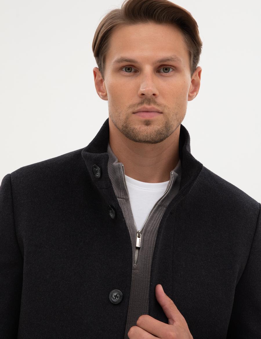 Antrasit Slim Fit Yün Karışımlı Palto