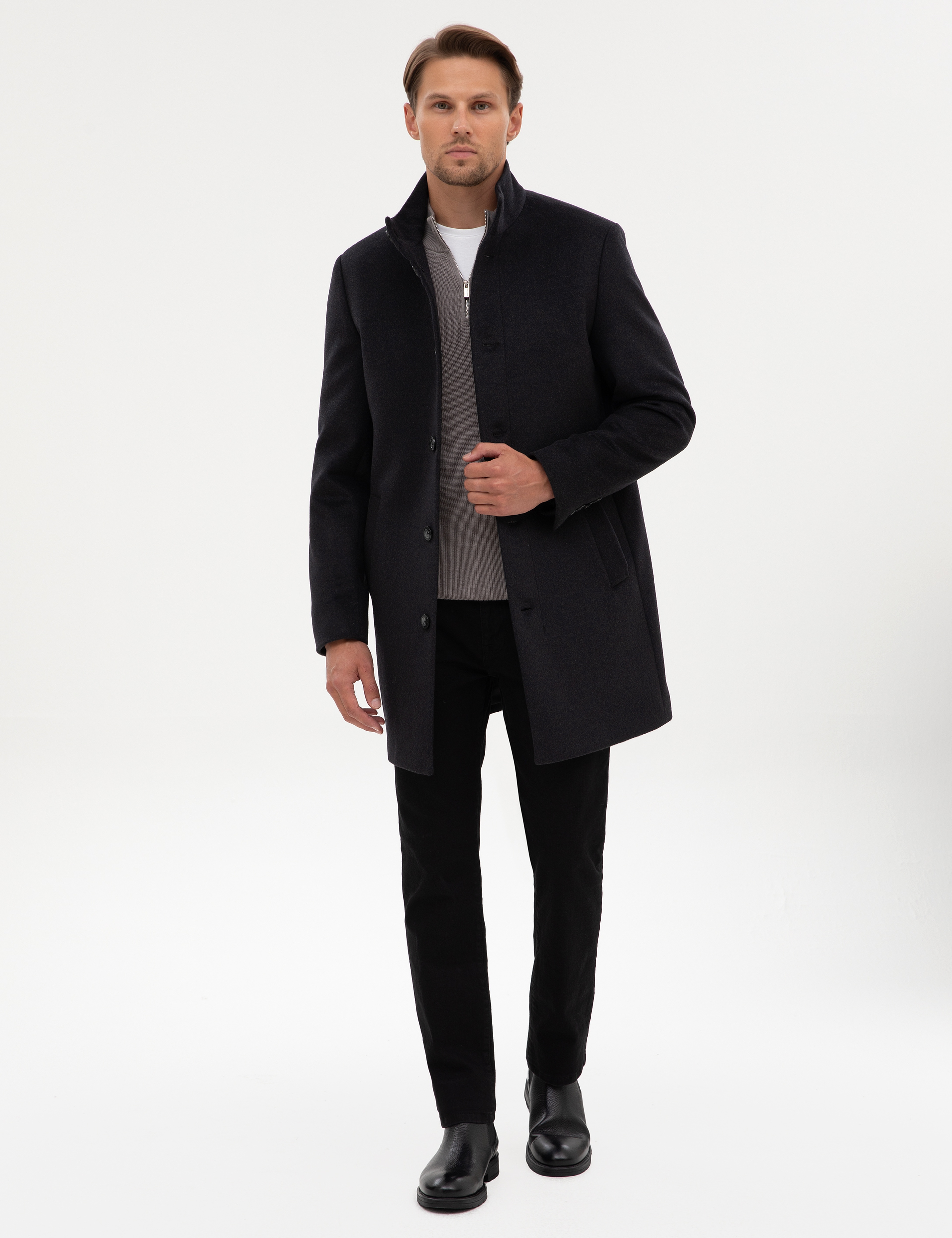 Antrasit Slim Fit Yün Karışımlı Palto